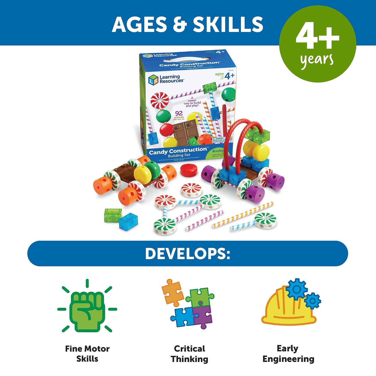 Learning Resources Candy Construction Building Set, Fine Motor Building Toy, 92 Pieces, Ages 4+, Multicolor