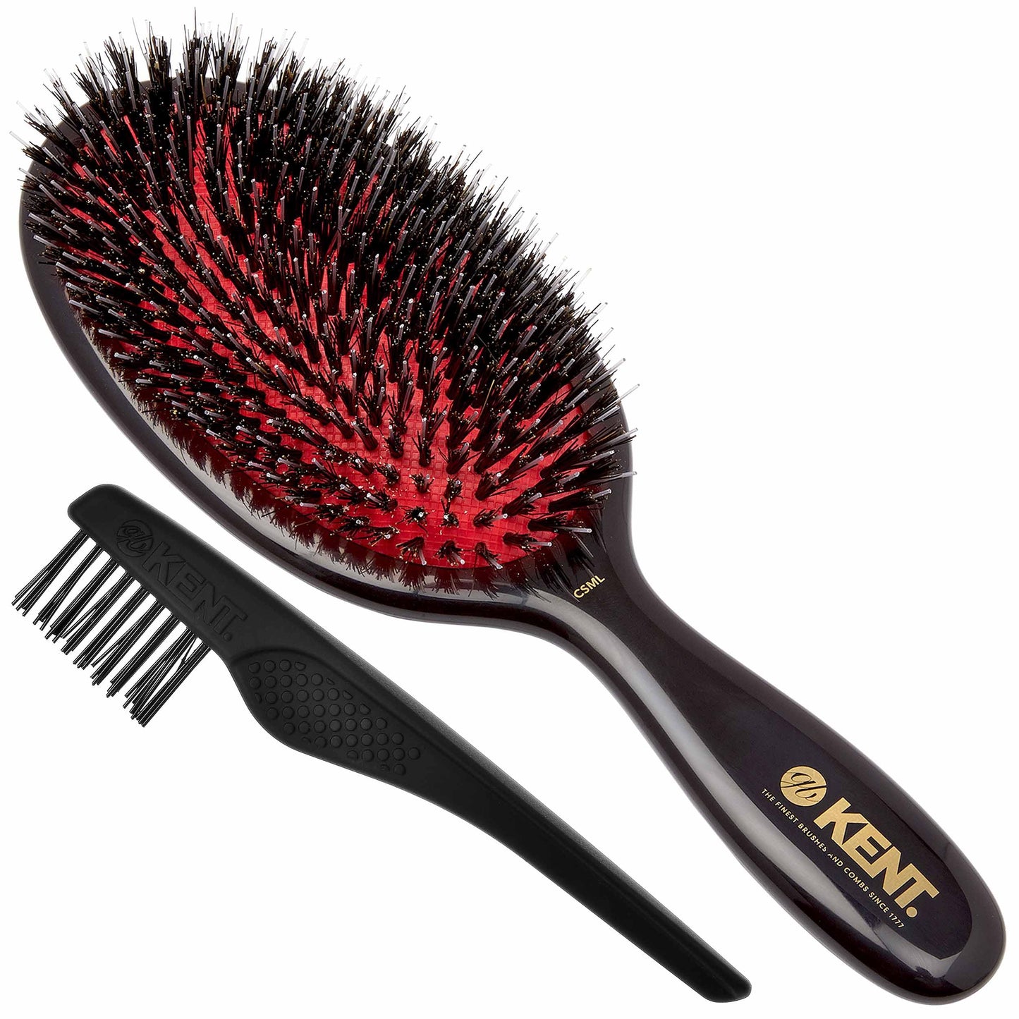 Kent CSML 9" Classic Shine Large Oval Cushion Straightening Brush - Natural Boar Bristle Hair Brush with Nylon Quills - Shine Hair Brush and Scalp Brush for Medium to Thick Hair (+ Hair Brush Cleaner)