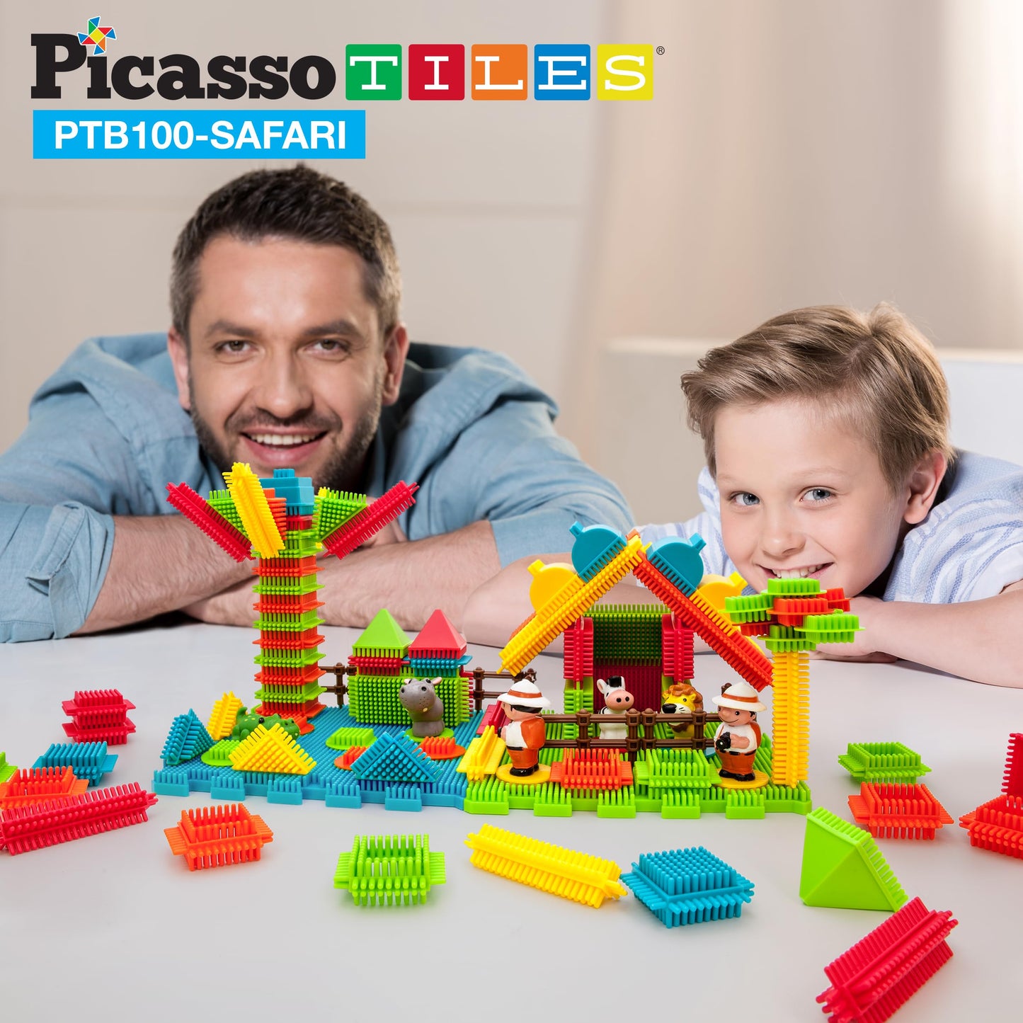 PicassoTiles PTB100 100pcs Bristle Lock 3D Building Blocks Tiles Safari Theme Set Learning Playset STEM Toy Set Educational Kit Child Brain Development Preschool Kindergarten Toy for Age 3 & Up