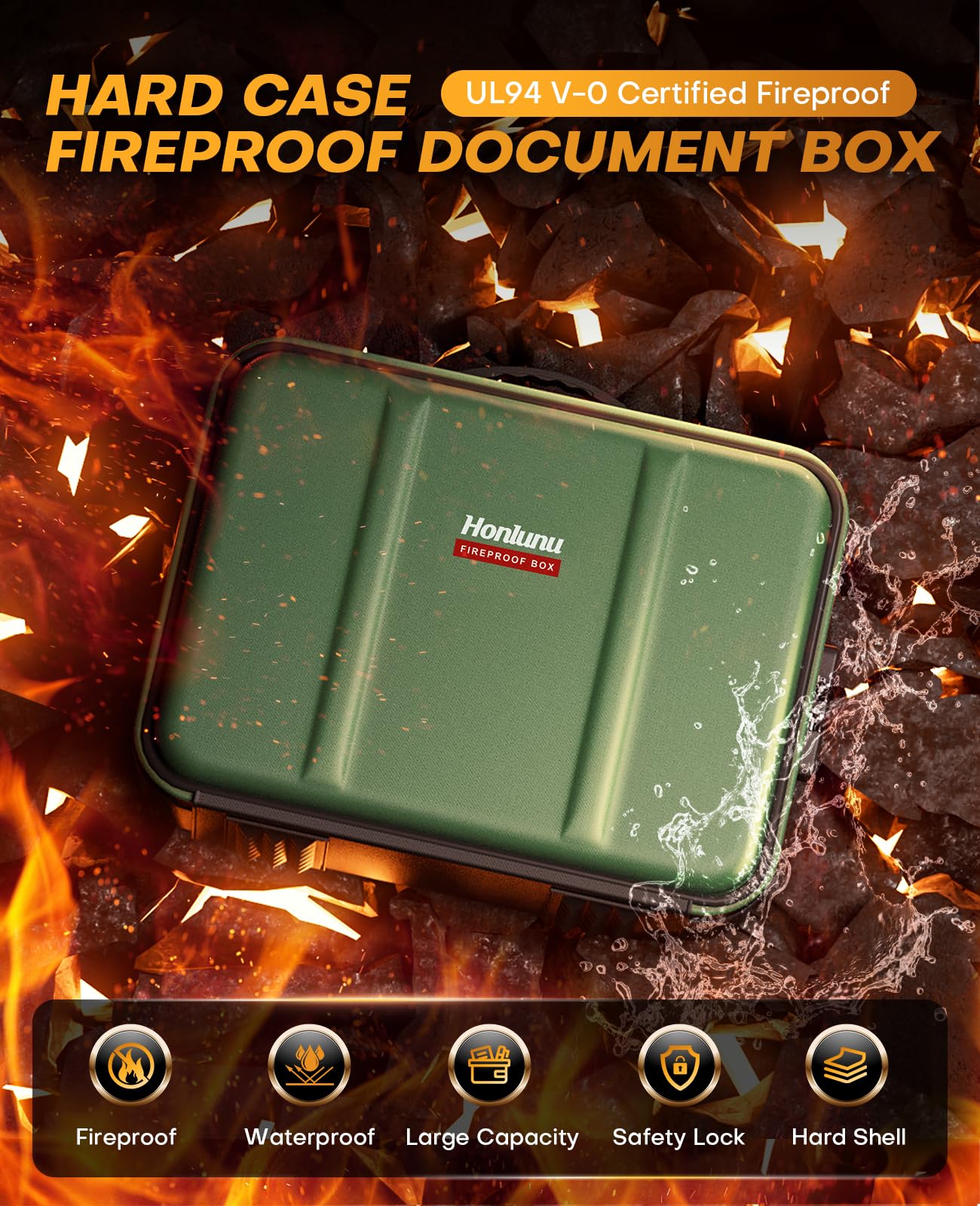 Honlunu Fireproof Document Box, Hard Case Fireproof Document Organizer with Lock, Water Resistant Safe Box for Important Documents Certificates Laptop Passports, Green