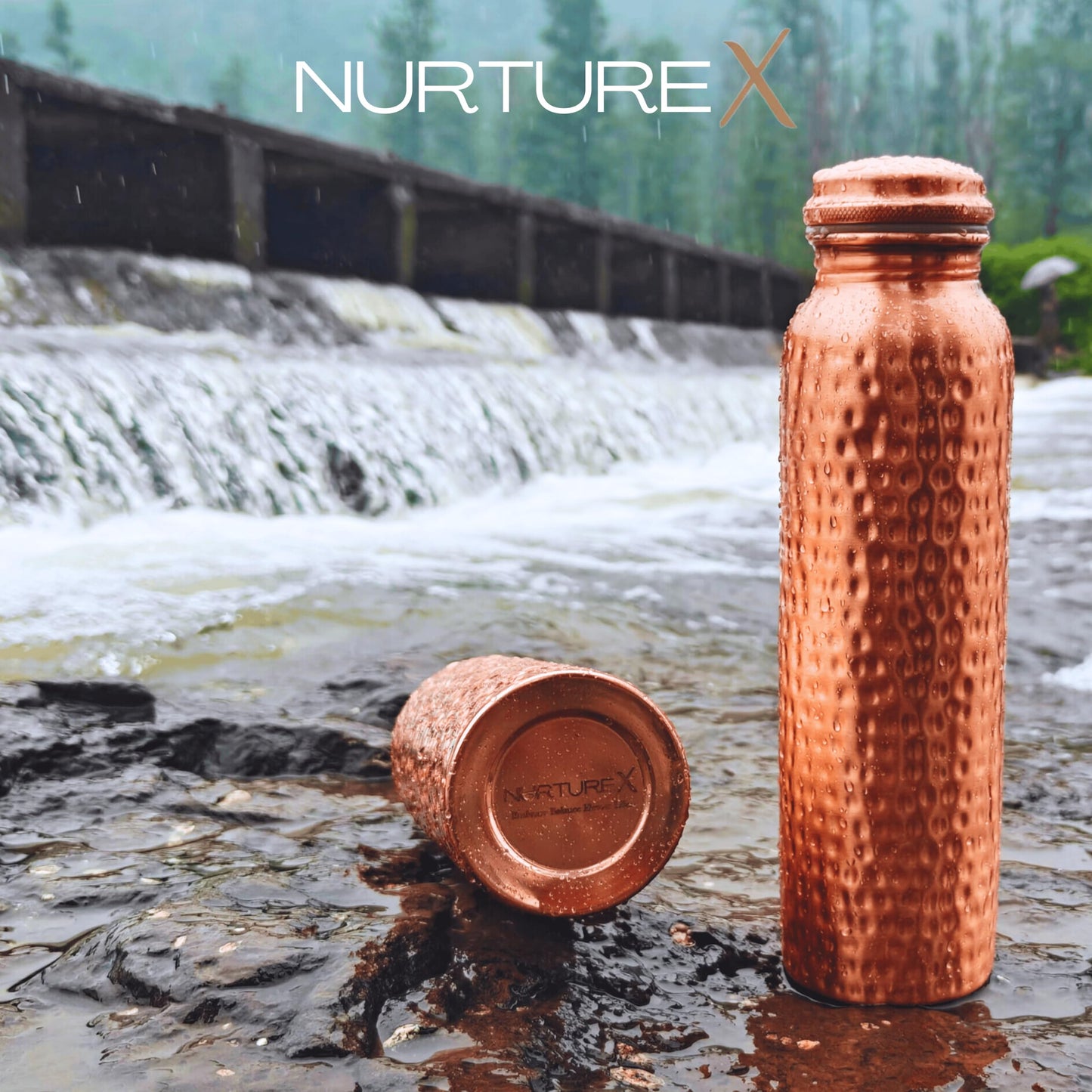 NurtureX Copper Water Bottle, 34 Oz / 1 Liter, ANTI-TARNISH Protective Coating, Leak-Proof, Joint-Free, Handcrafted, Eco-Friendly & Ayurvedic Drinkware for Yoga, Gym & Office - Hammered