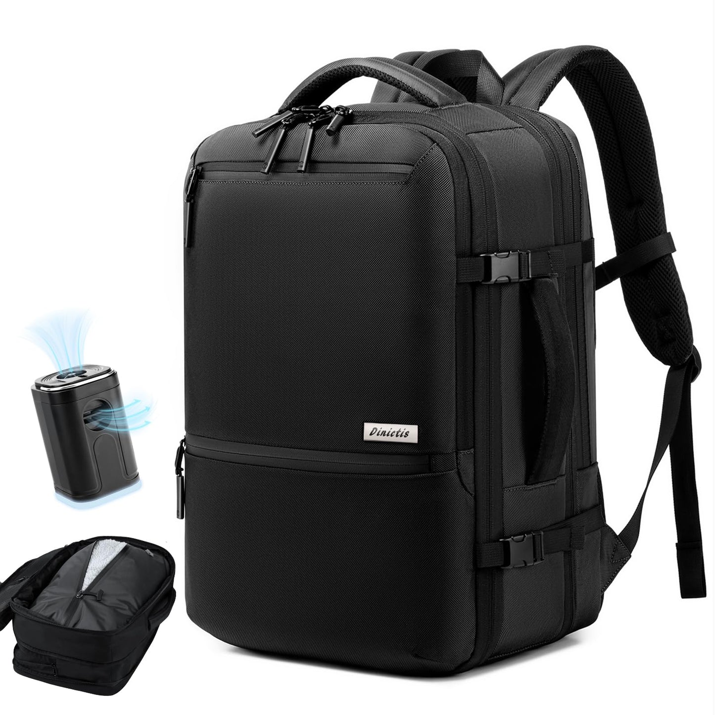 Dinictis Vacuum Seal Backpack 60L with Pump, Expandable Backpack with Vacuum Compression fits 17 inch Laptop, Water Resistant Carry On Suitcase Luggage suit for Short Trip and Business-Black