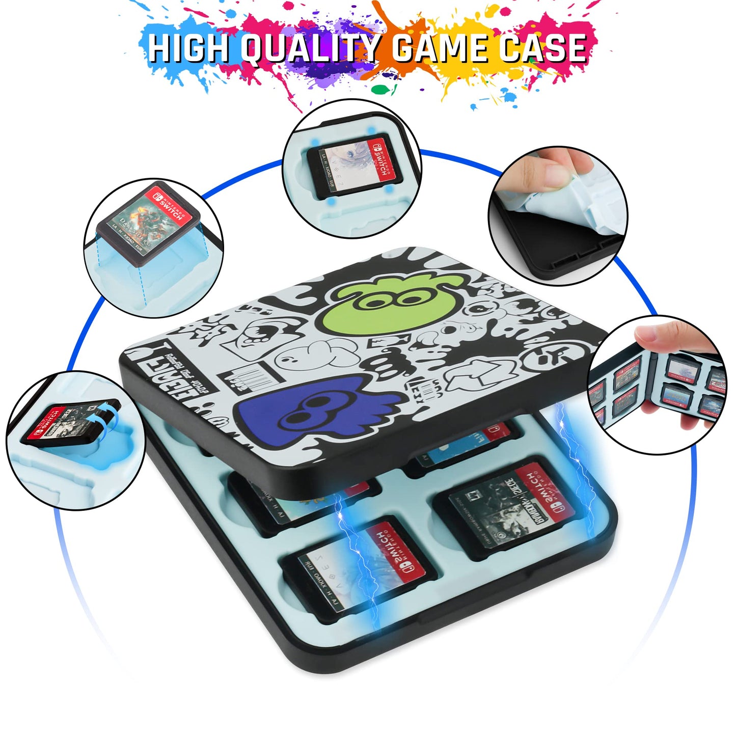 RHOTALL Blue Carrying Case for Nintendo Switch & Switch OLED Cover for splatoon 3, Hard Portable Travel Case for Switch Game Accessories Bundle Kit with Game Case and 2 Thumb Caps - for boys girls