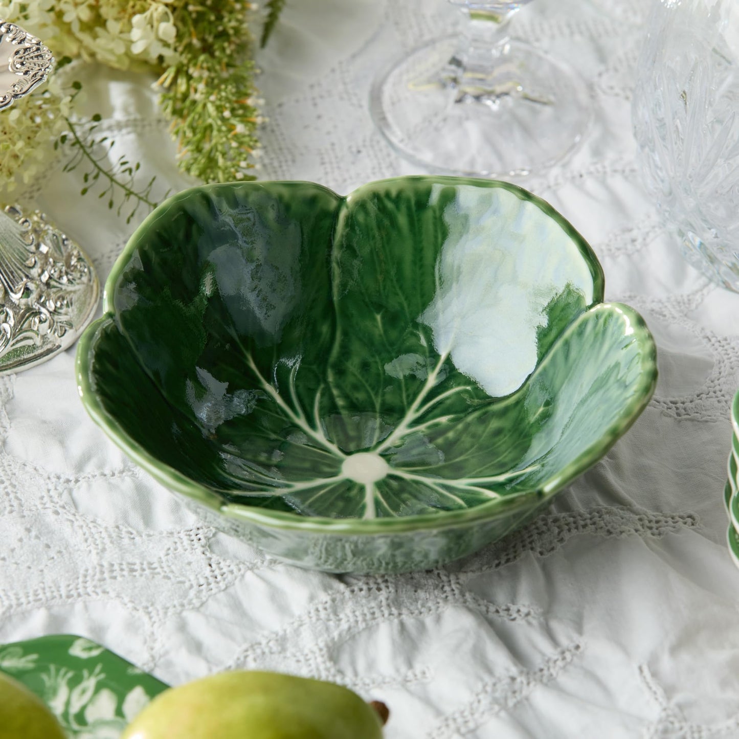 Le Jardin Green Cabbage Plates 3D CEREAL/SOUP BOWLS, SET Of 4 – 7" Sculpted Green Stoneware Leaf Bowls – Garden-Inspired Stoneware for Breakfast, Snacks & Everyday