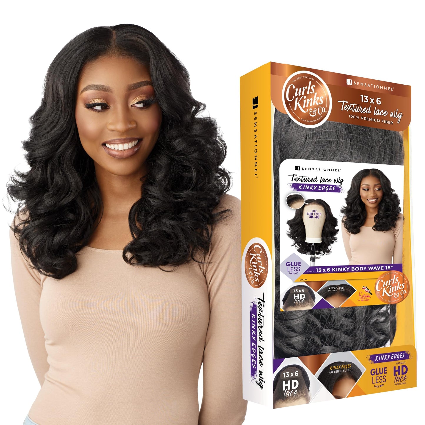 Sensationnel Curls kinksandco kinkyedges wig - kinky body wave 18 inch 13x6 lace frontal natural kinkytexture edged hairline for natural 3c to 4c hair textures (2 DARKBROWN)
