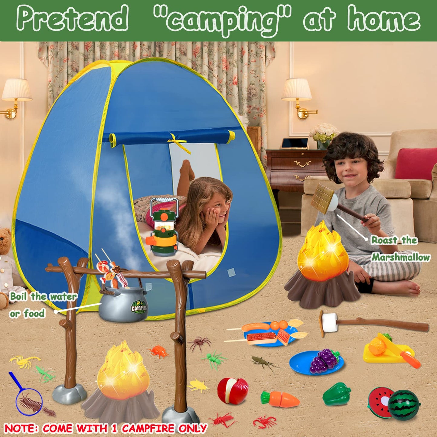 MITCIEN Kids Tent with Campfire Camping Kit for Toddlers Oil Lantern with Sound, Cut Fruits, Marshmallow Skewers, Camping Toys for Boys and Girls