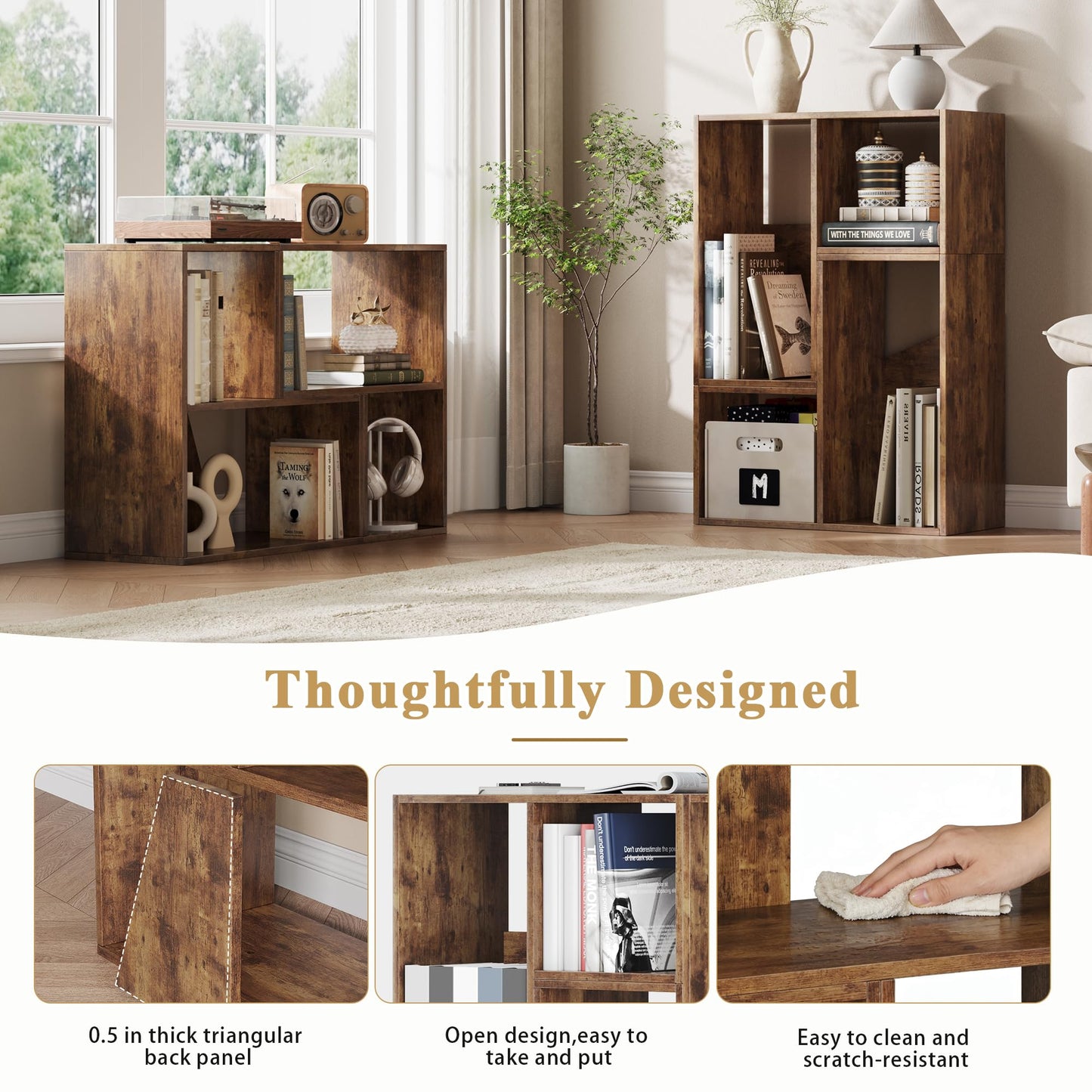MapleGrace 6 Cube Storage Organizer, Wooden Storage Shelves Bookcase with Back Panels, Stackable Display Bookshelf for Living Room, Bedroom, Study, Hallway, Rustic Brown