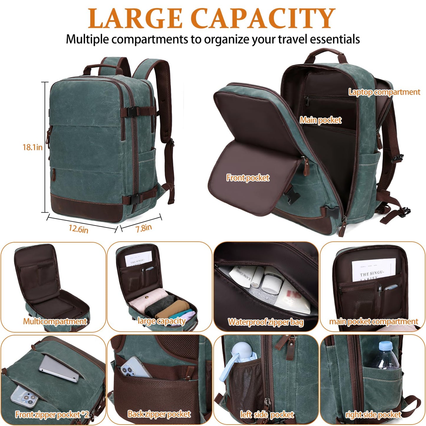 Travel Backpack for Men Carry On Backpack Flight Approved Personal Item Backpack, 18.4 inch Laptop Backpack Casual Daypack Weekender Business Hiking Backpack, Dark Green