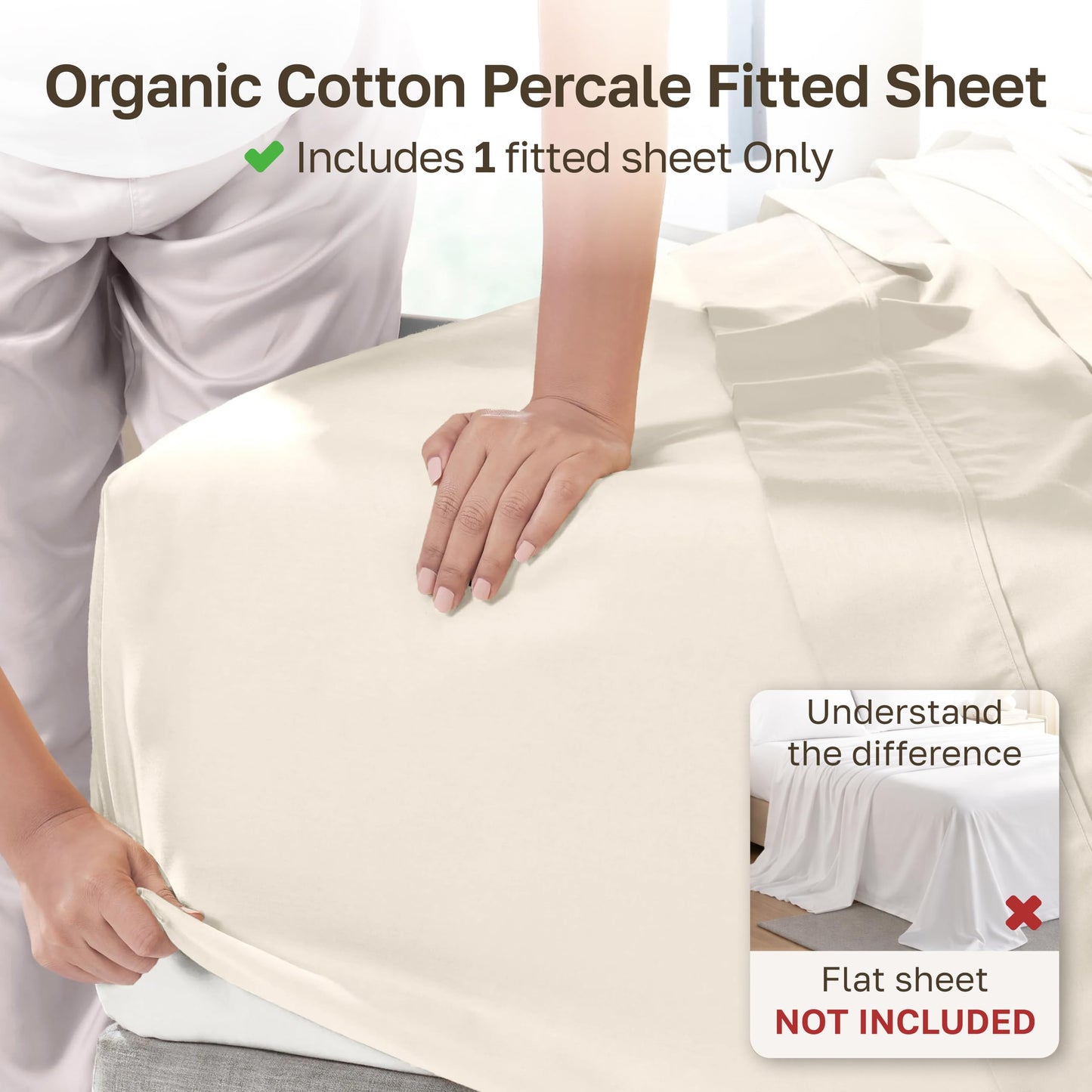 California Design Den 100% Organic Cotton King Fitted Sheet Only, Percale, Deep Pocket, Lightweight, Snug-Fit, All Around Elastic, 1 Pc Deep King Size Fitted Sheet - True Ivory