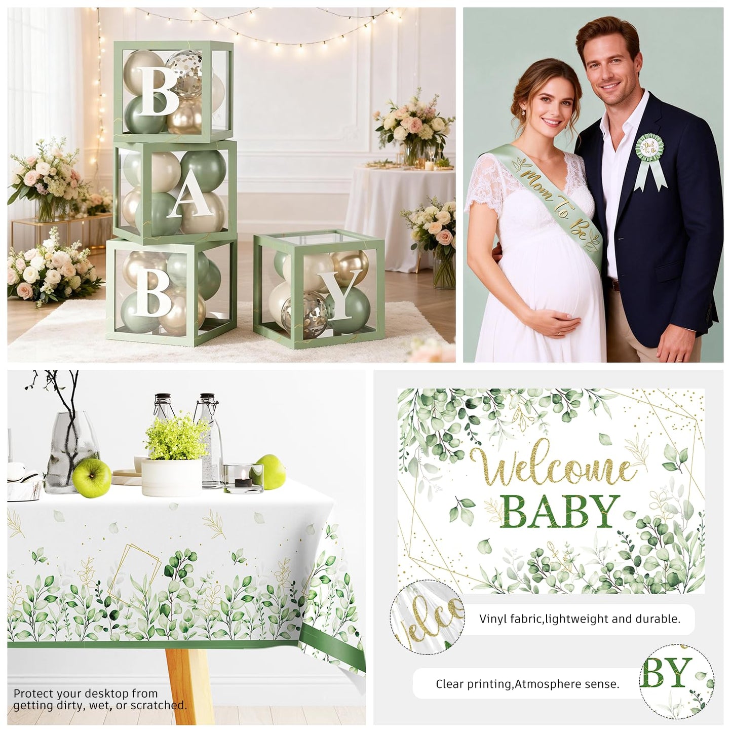 Fexivo 286 Pcs Sage Green Baby Shower Decorations Set-Serves 25 Guests -All-in-One Gender Neutral Party Supplies Kit Includes Balloon Arch, Backdrop, Tableware Set, and Sash
