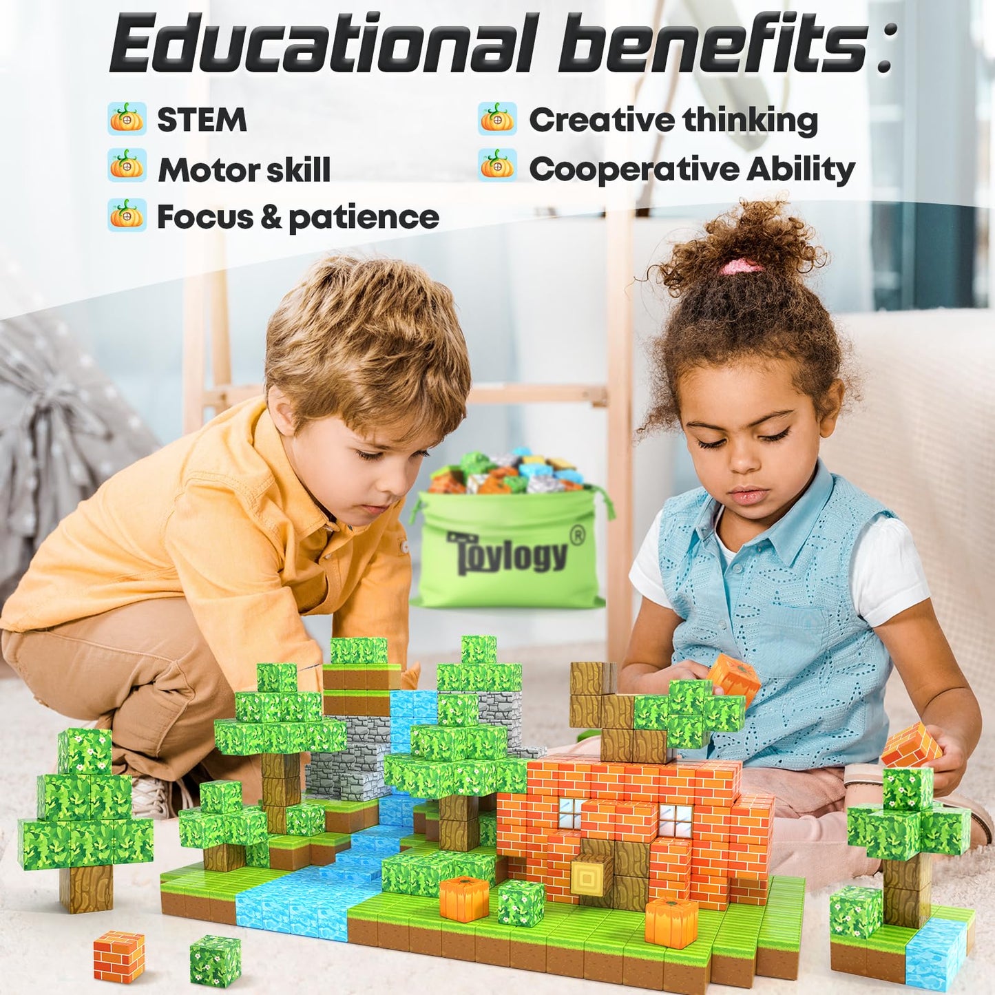 150PCS Magnetic Blocks-Build Mine Magnet World Pumpkin Edition Kids Building Outdoor Toys for 3 4 5 6 7 Years Old Boys Girls, Magnetic STEM Toddler Construction Toys for Halloween Birthday Gifts
