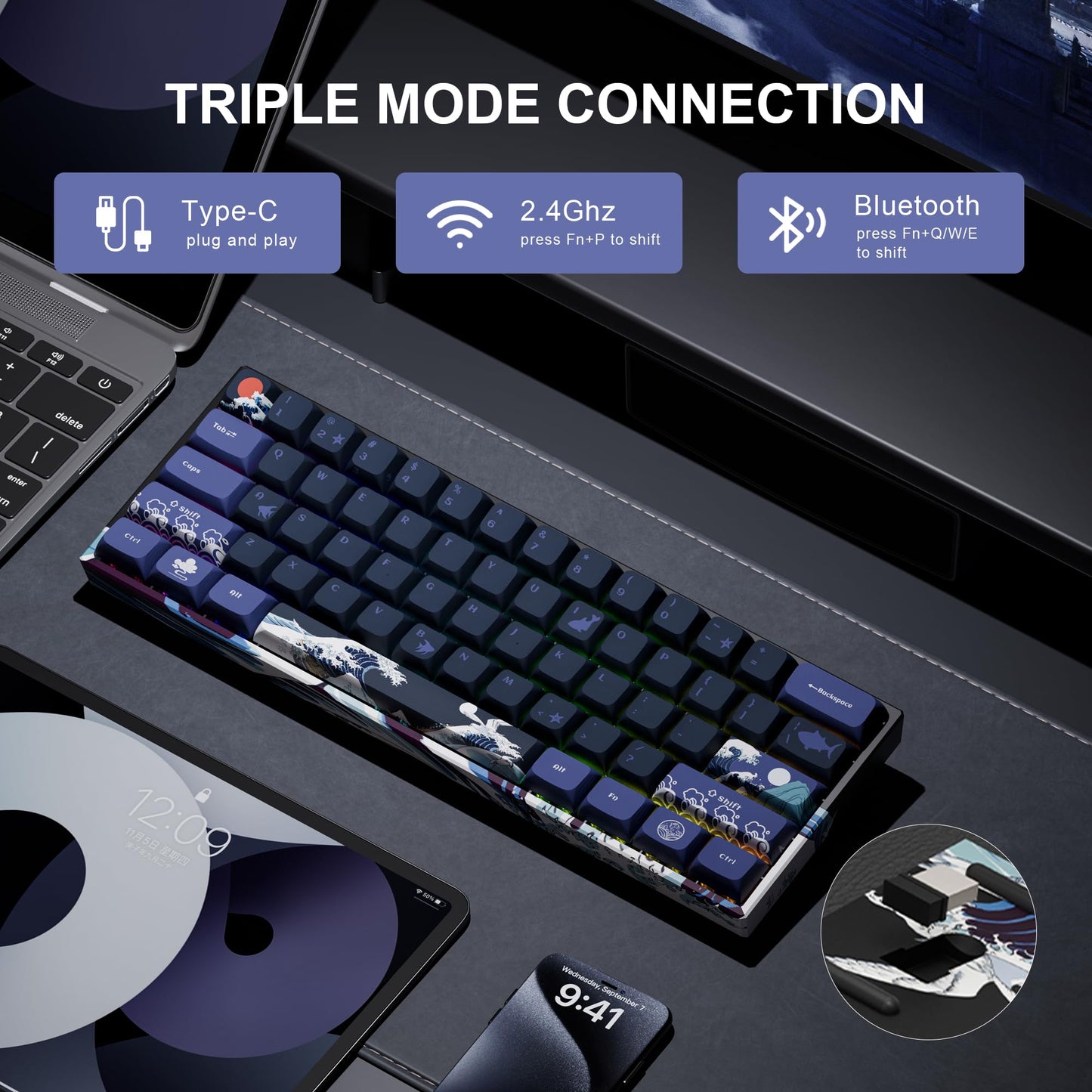XVX 60% Gaming Keyboard, RGB 3-Modes Wireless Mechanical Keyboard, Mini 60 Percent Gamer Keyboard with Hot-Swappable Pre-lubed Linear Switch for Windows & Mac (Great Wave Off Kanagawa), M61 Pro