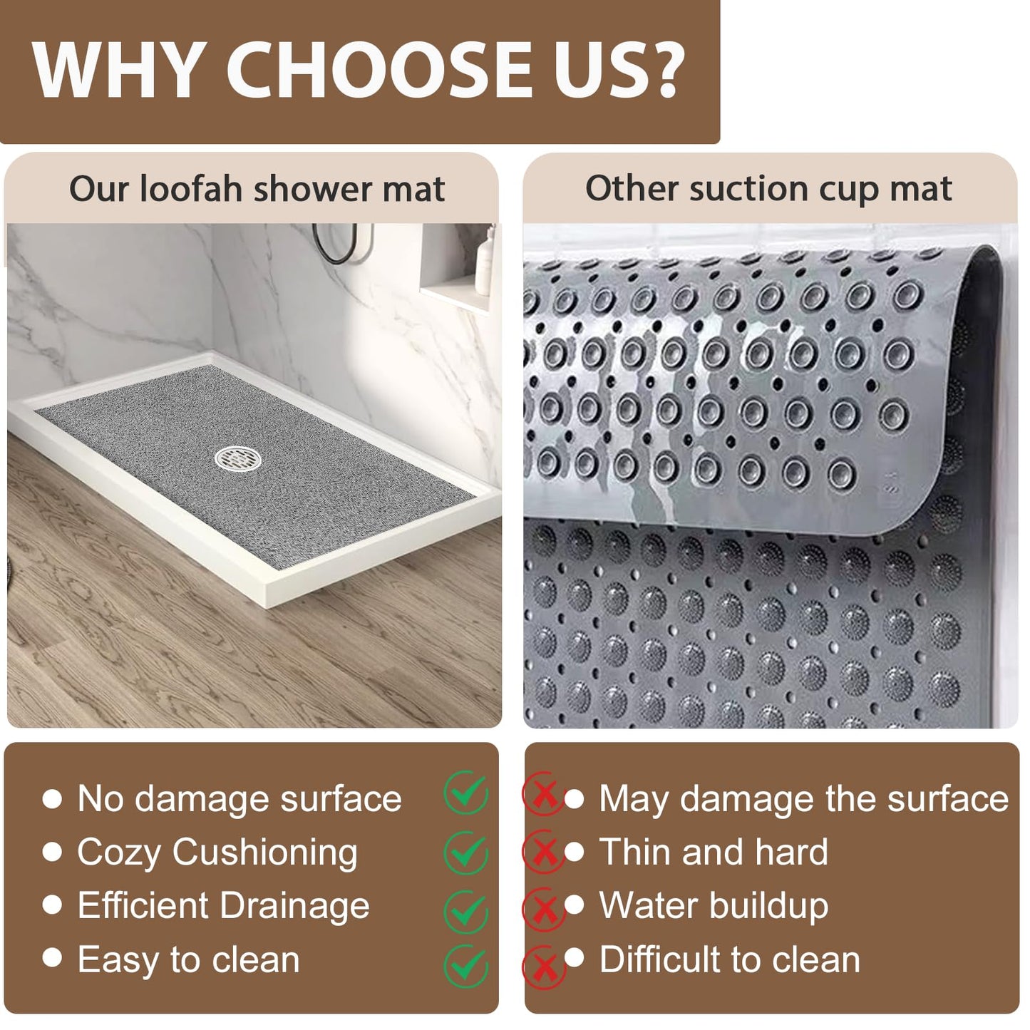 Extra Large Non Slip Shower Mat: 47.2x31.5 inch Loofah Shower Mat for Inside Shower with Drain Hole in Middle, Soft PVC Anti-Slip Shower Stall Mats for Bathroom,Wet Area, Quick Drying