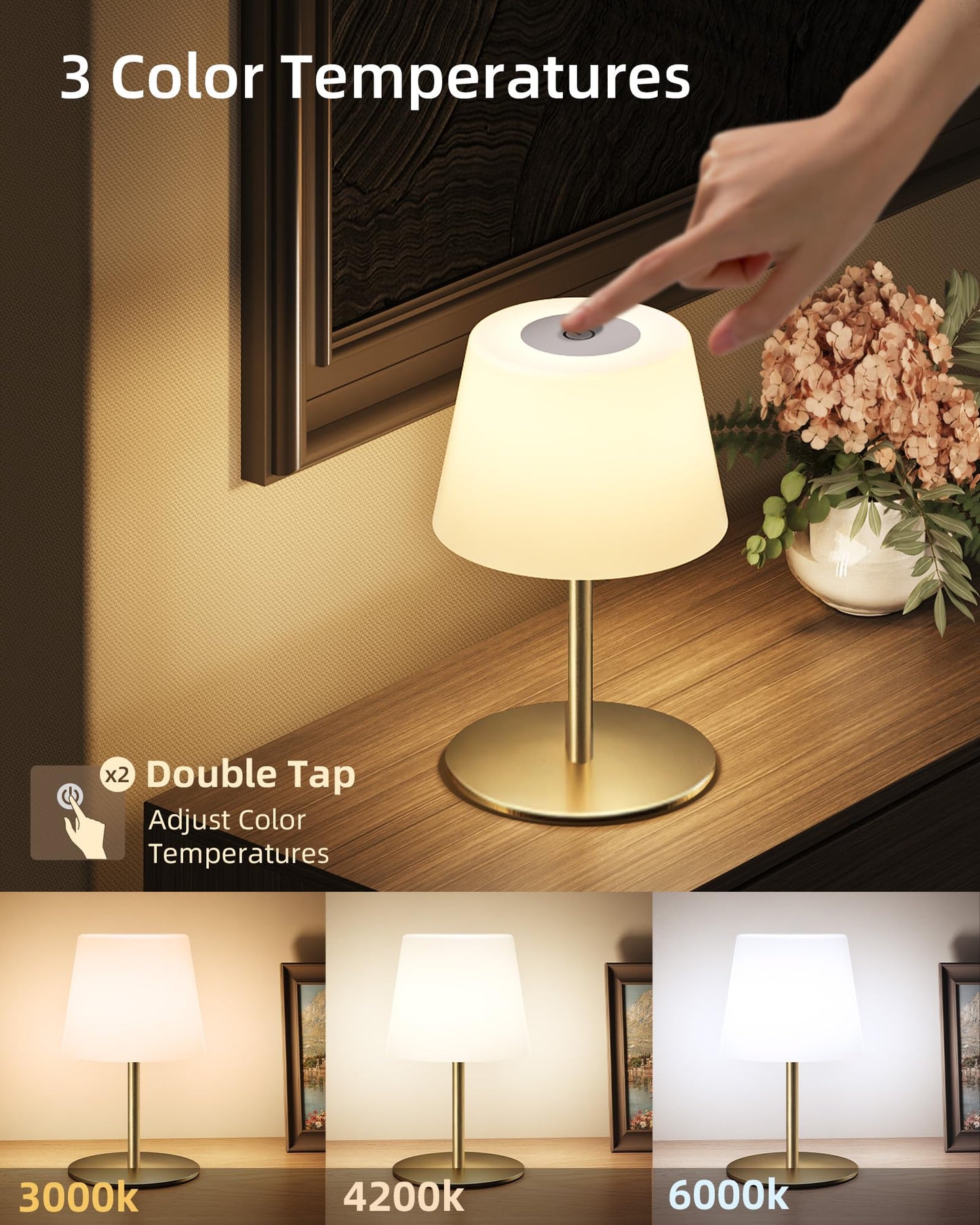 EZVALO Outdoor Cordless Table Lamp, IP65 Waterproof 4500mAh Rechargeble Shower Lamp, Dimmable Touch Lamp, LED Night Light Lamp for Bathroom Patio Camping Restaurant Home 1 Pack (Gold)