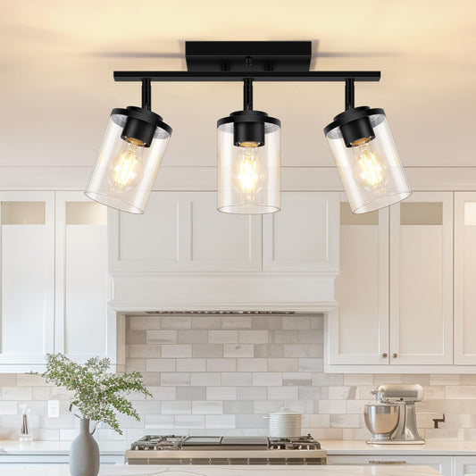 FadimiKoo 3-Lights Semi Flush Mount Ceiling Light, Adjustable Kitchen Light Fixtures Ceiling Mount with Clear Glass Shades, Rotatable Black Track Lighting Fixtures for Hallway, Foyer, Bedroom
