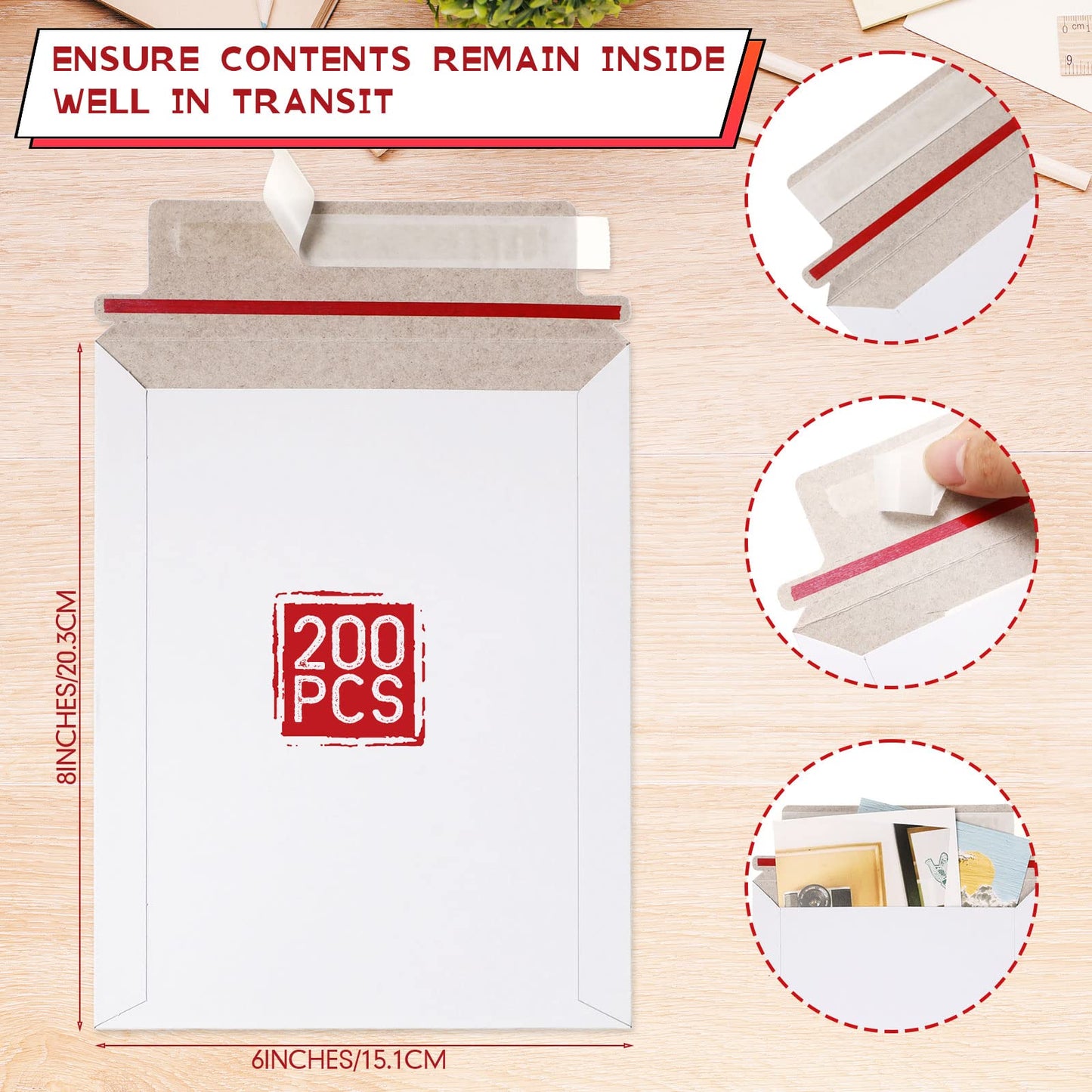 Fainne 200 Pcs 6 x 8 Inch Rigid Mailers Self Adhesive Seal Photo Document Mailers 250gsm Keep Flat White Photography Cardboard Envelopes for Shipping Cd, Photo, Gift Card, Document, Paper