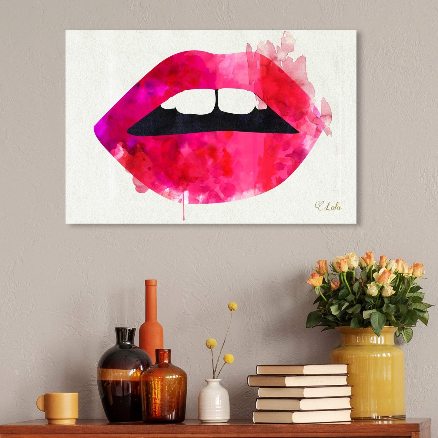 The Oliver Gal Artist Co. Fashion and Glam Wall Art Canvas Prints 'Lola's Lips' Home Décor, 30 in x 20 in, Red, Hot Pink