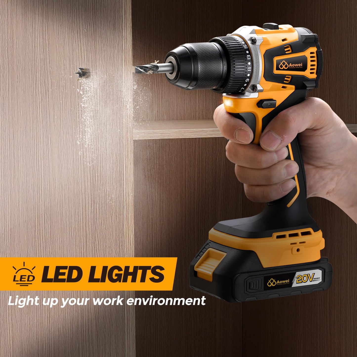 Aowei Cordless Drill Set/Driver, 20V Electric Power Drill With Battery And Charger, 40N Torque, 20+1 Settings, 2 Batteries,3/8-Inch Keyless Chuck, Driver Bits Kit, LED Light