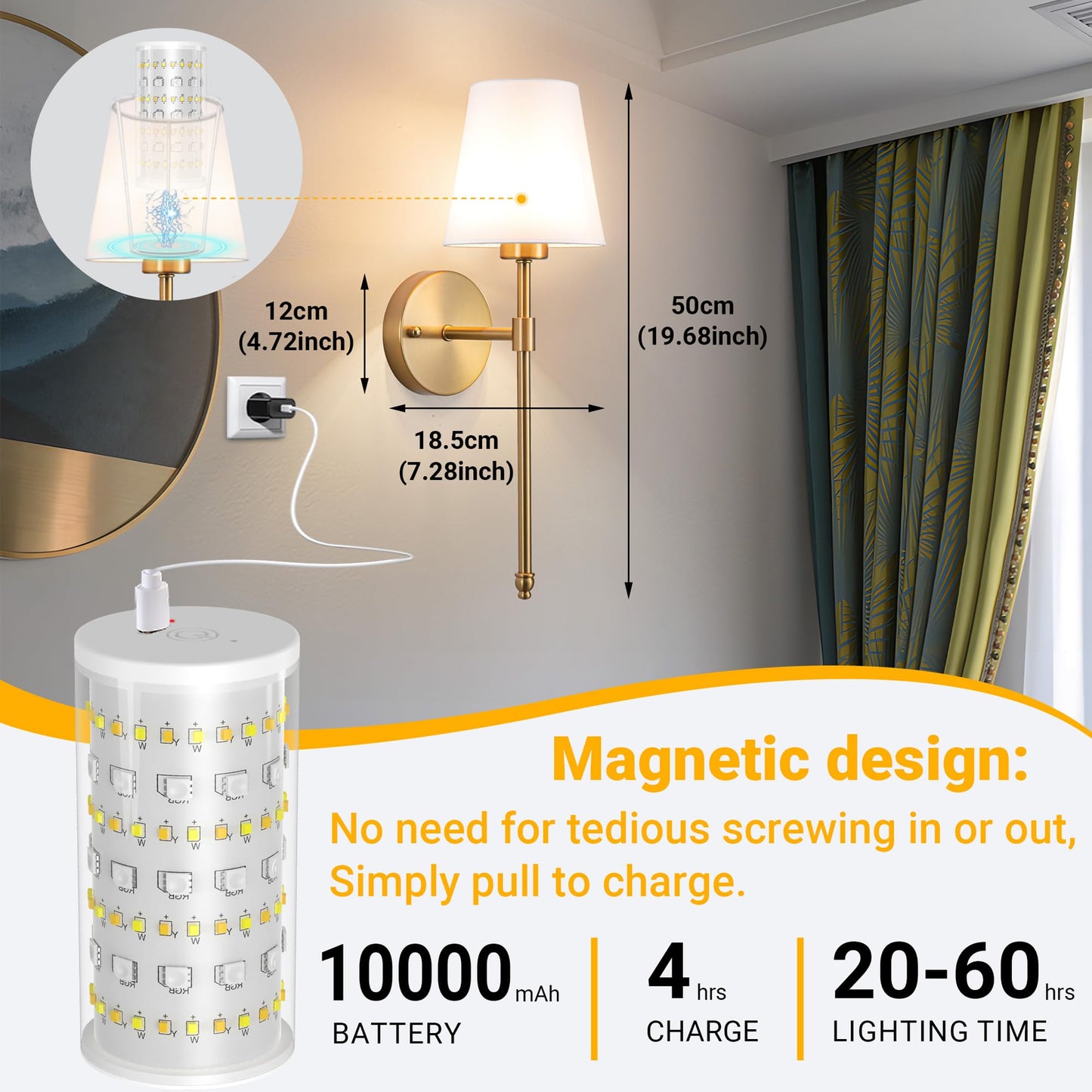 Vimhou Peel and Stick Wall Sconces, Stick On Wall Sconce Set of 2, Battery Operated Wireless Wall Light, No Drill Adhesive Wall Lamp, Corn Bulb with 10000mAh Rechargeable Battery, Bedroom Wall Decor