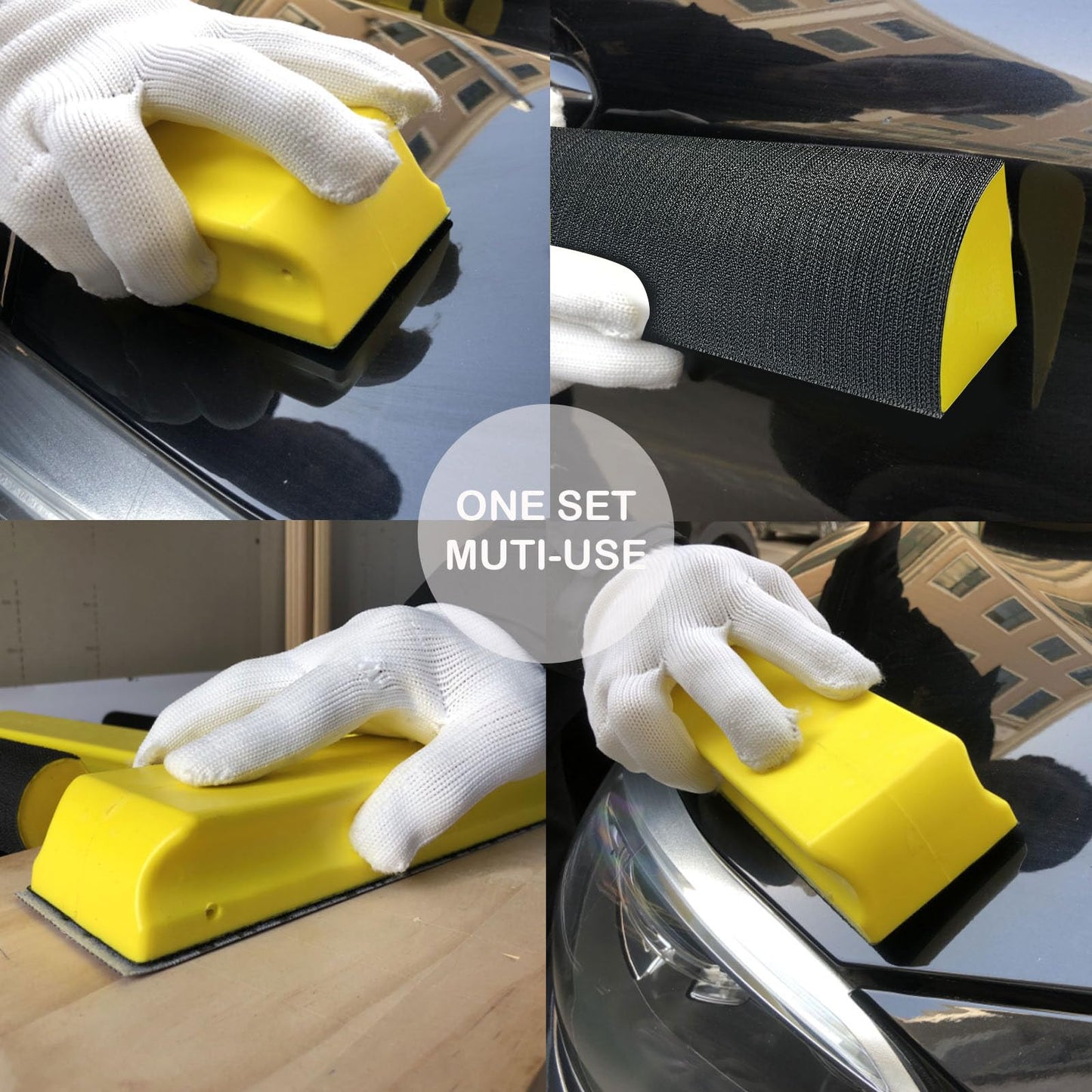 VOLSIVE 7pcs Hand Sanding Block Set, Rectangle Handheld Sanding Pad, Hook and Loop Interchangeable Assorted Shapes, for Sanding or Polishing in Auto Body and Paint Shops - Yellow