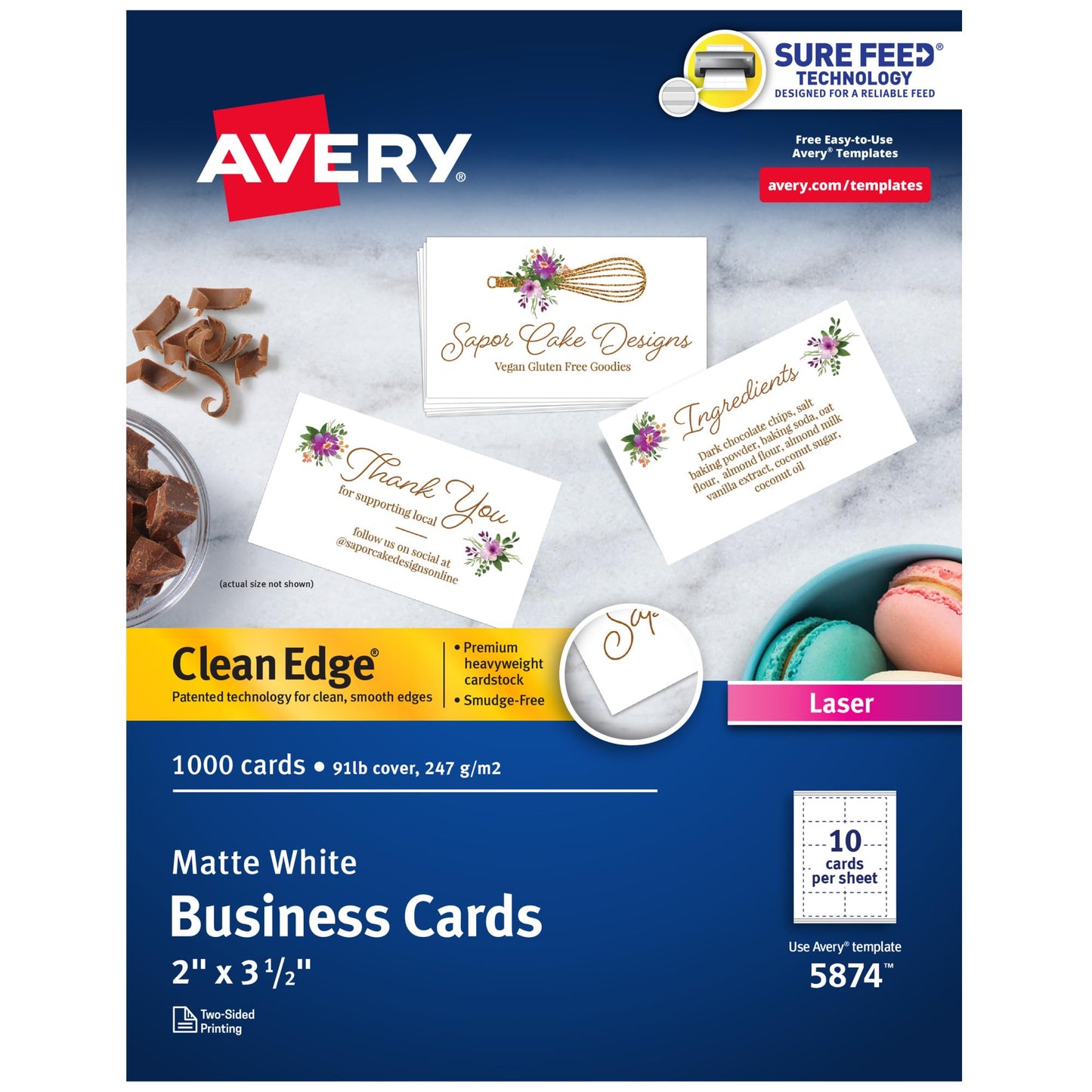 Avery Clean Edge Printable Business Cards, Sure Feed Technology, 2" x 3.5", White, 1,000 Blank Cards for Laser Printers (5874)