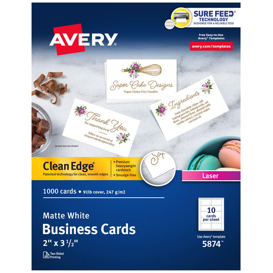 Avery Clean Edge Printable Business Cards, Sure Feed Technology, 2" x 3.5", White, 1,000 Blank Cards for Laser Printers (5874)