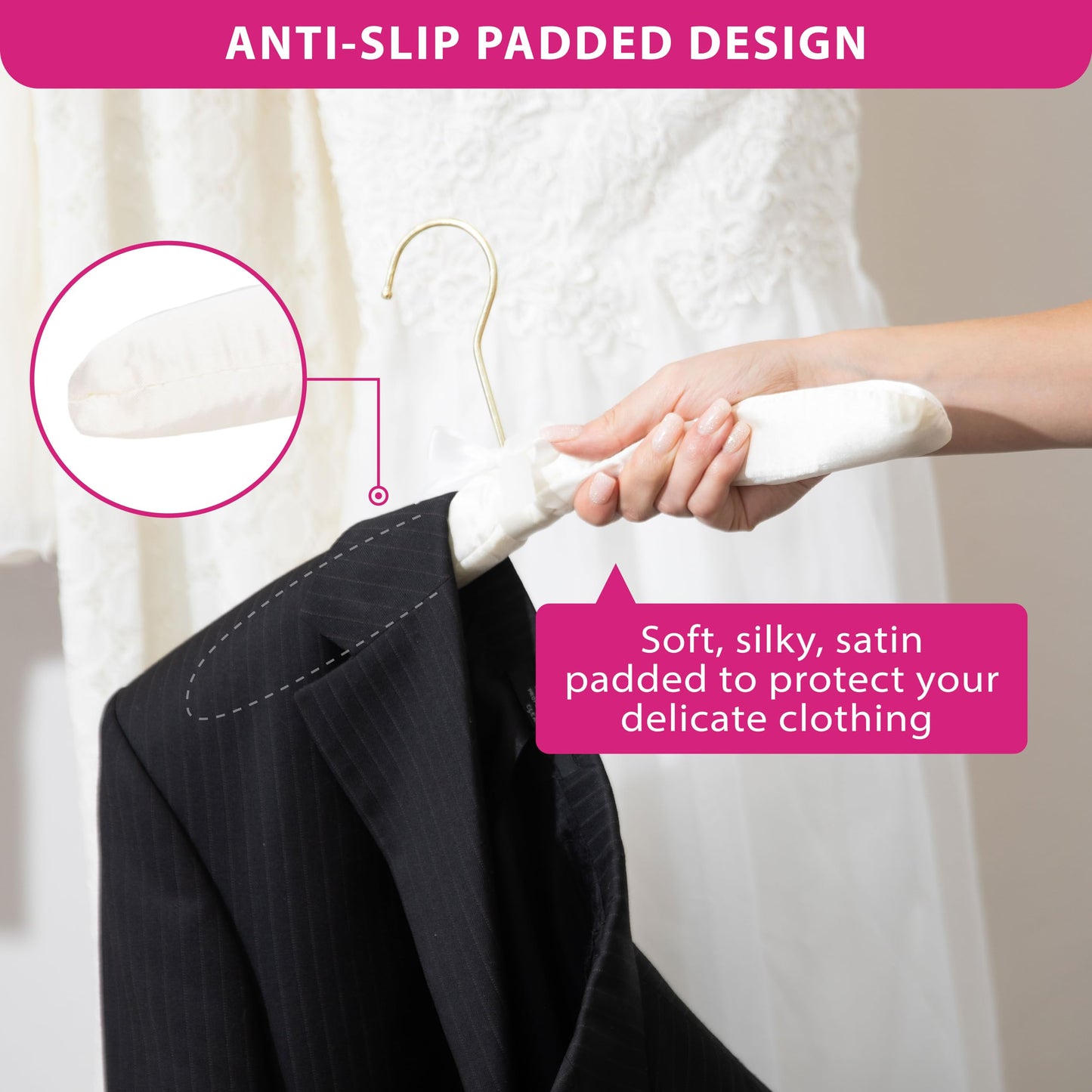 Padded Clothing Fabric Hangers for Women Clothing - Set of 12 Premium Hangers for Closet, Bride Hanger for Wedding Dress, Sweater - Ivory