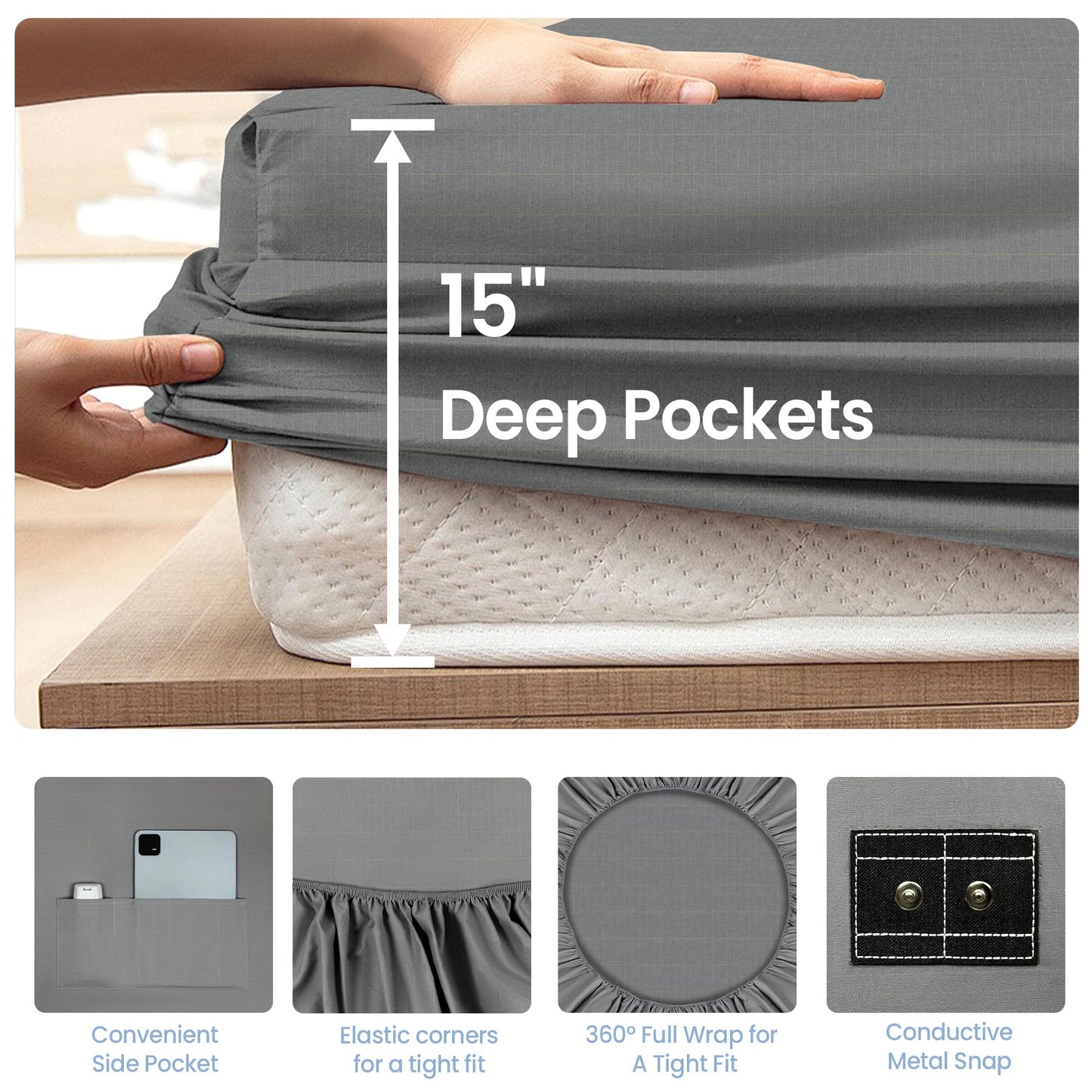Grounding Sheets Gray Queen Size - 90% Organic Cotton + 10% Pure Silver Fitted Bed Sheet for Earthing - 400 Thread Count Deep Pocket Grounded Bedsheets - Improved Sleep Down to Earth Ground Bedding
