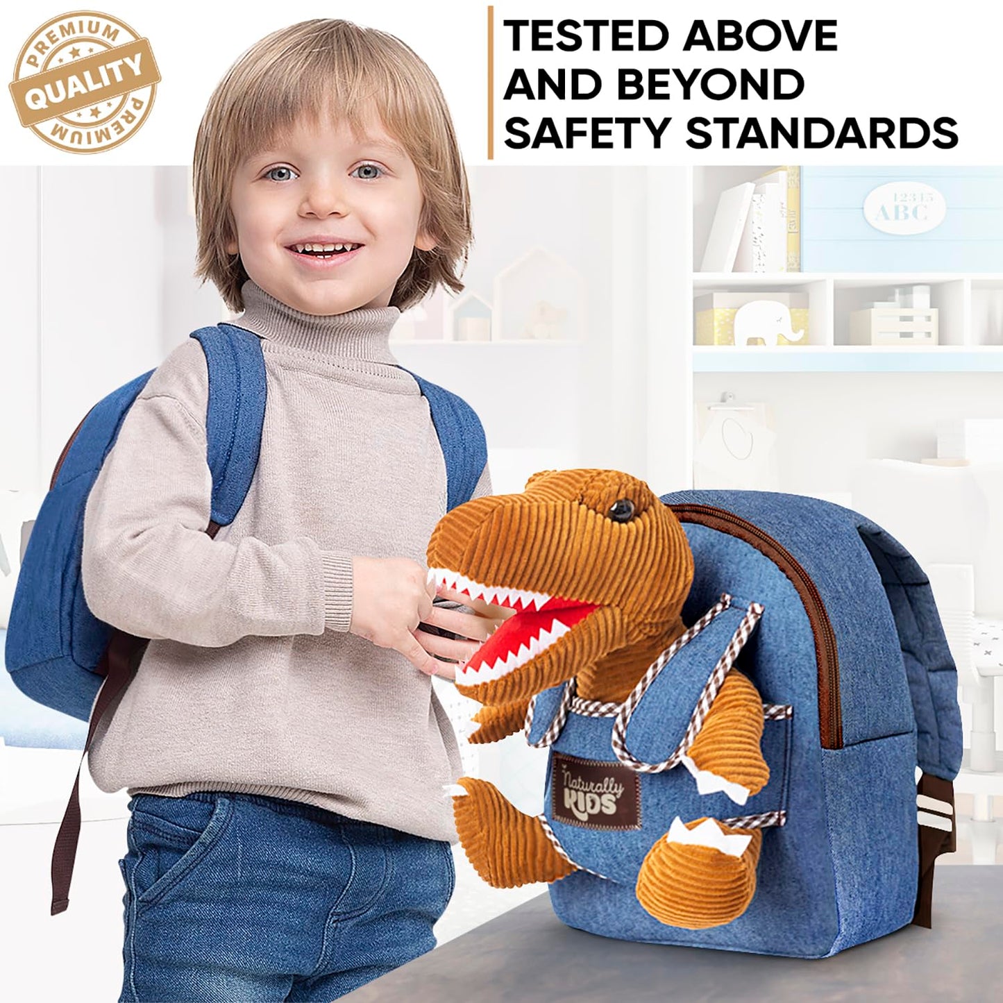 Naturally KIDS Toddler Backpack w Stuffed Animal Toy, Small Kids Backpacks for Grls Boys, Toddler Gifts, Dinosaur Toys