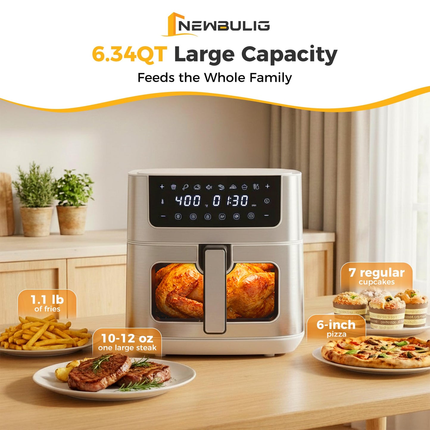 NEWBULIG Air Fryer 6.34QT Airfryer with Visible Window Stainless Steel