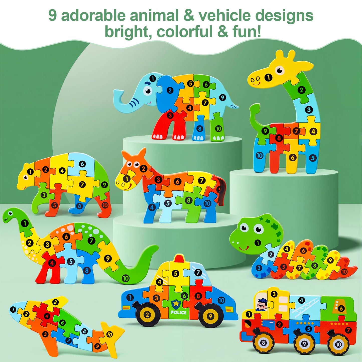 9 Pack, Wooden Puzzles for Kids, Toddler Number Puzzle, Animal Dinosaur Toddler Toys, Montessori Toys for Kids Ages 3+