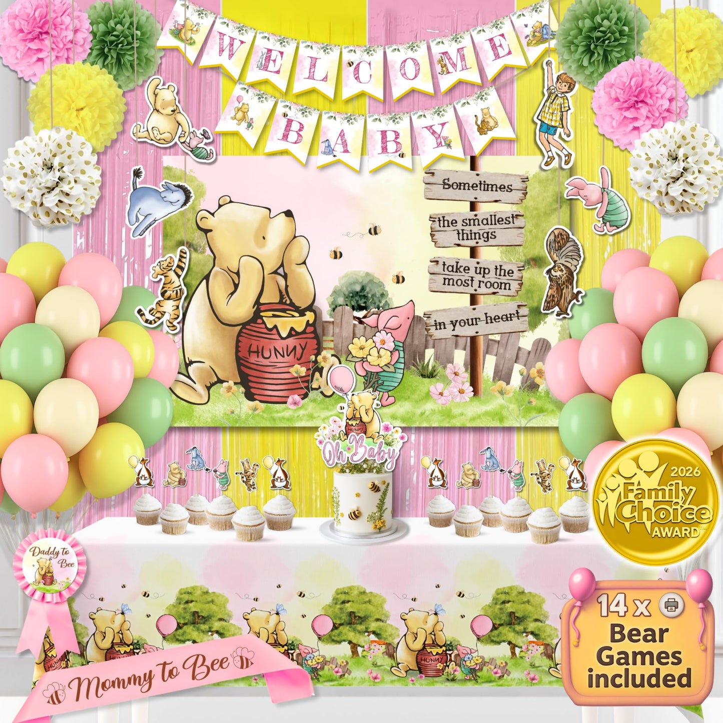 Winnie Baby Shower Decorations Pink – the Pooh Balloons, Backdrop, Welcome Baby Banner, Tablecloth, Cake Toppers, Pompoms, Sash & More – Classic Pooh Baby Shower Theme Party Decor