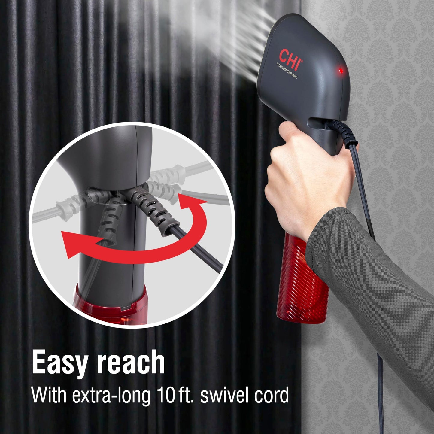 CHI Collapsible Travel 2-in-1 Handheld Garment Steamer & Steam Iron for Clothes, Large 120 ml Water Tank For up to 6 Minutes of Use, Collapses for Compact Storage, Fast Heatup, 10’ Cord, Black (11611)