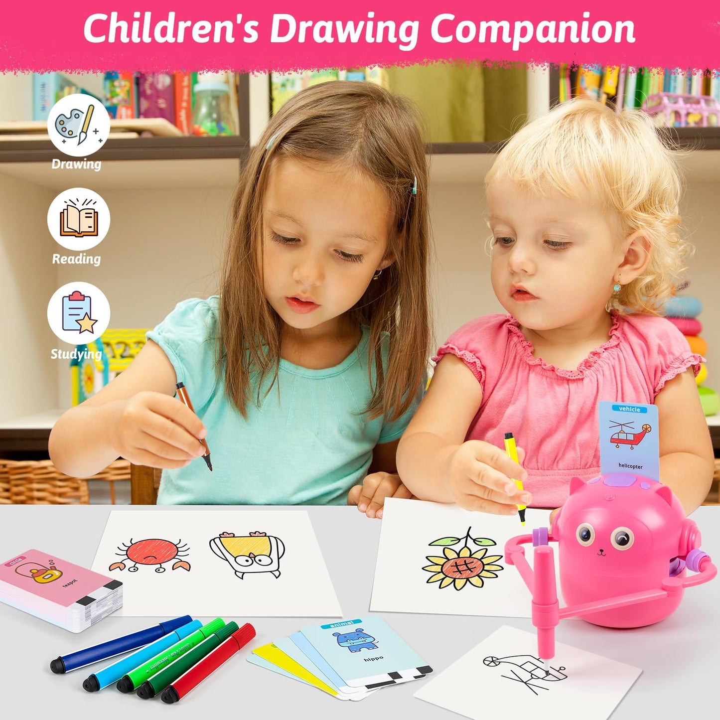 TREEFIA Drawing Robot for Kids, Interactive Educational Drawing Robot, Magic Painting Robot Toy with 100 Word Cards & 16 Color Pens for Girls and Boys Age 3+ (Pink)