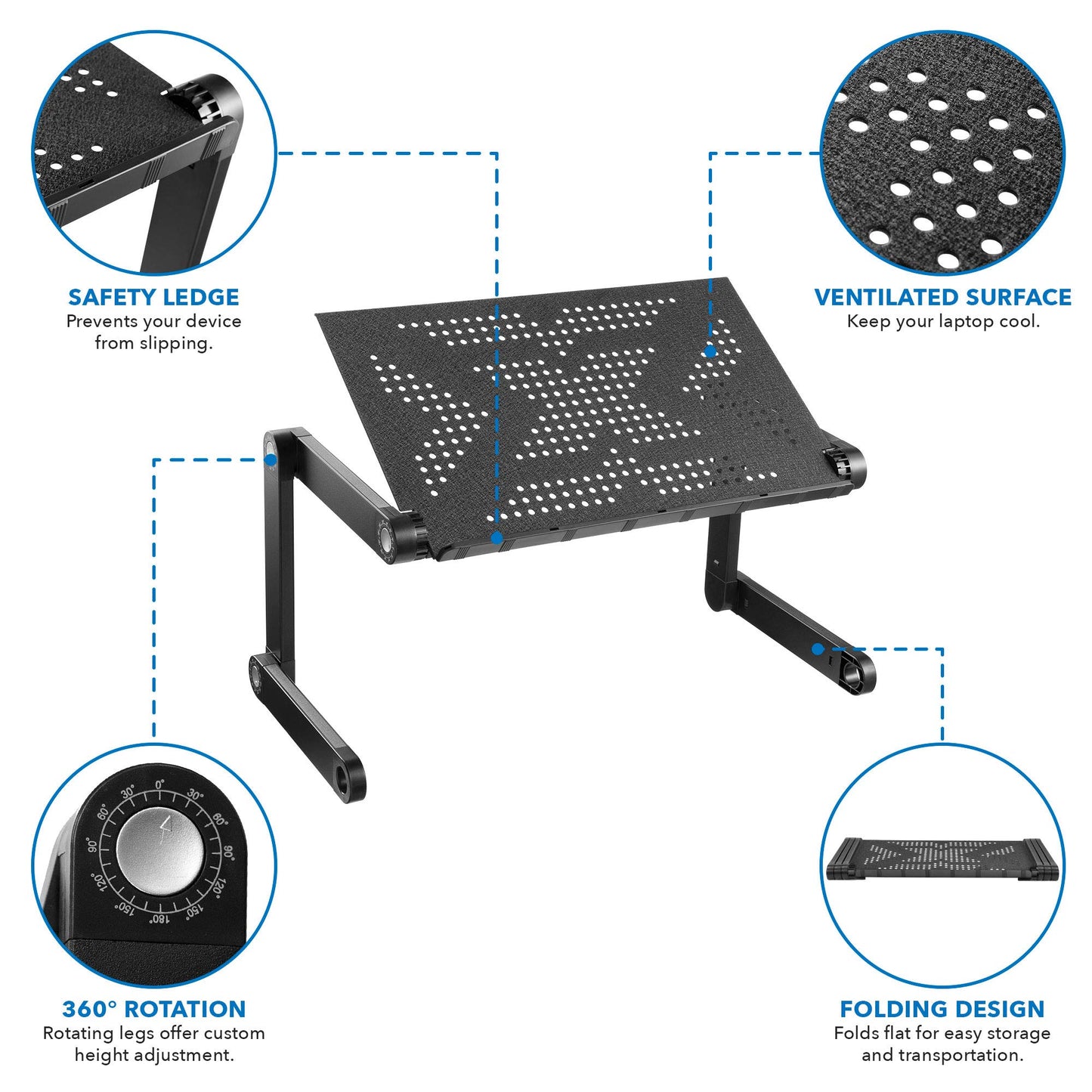 Mount-It! Adjustable Laptop Stand & Lap Desk, Freestanding Sit-Stand Laptop Tray for Bed, Couch, Desk & Floor, 22 lb Capacity, 1.6–18.9” Height, Ventilated Aluminum, Ships Fully Assembled