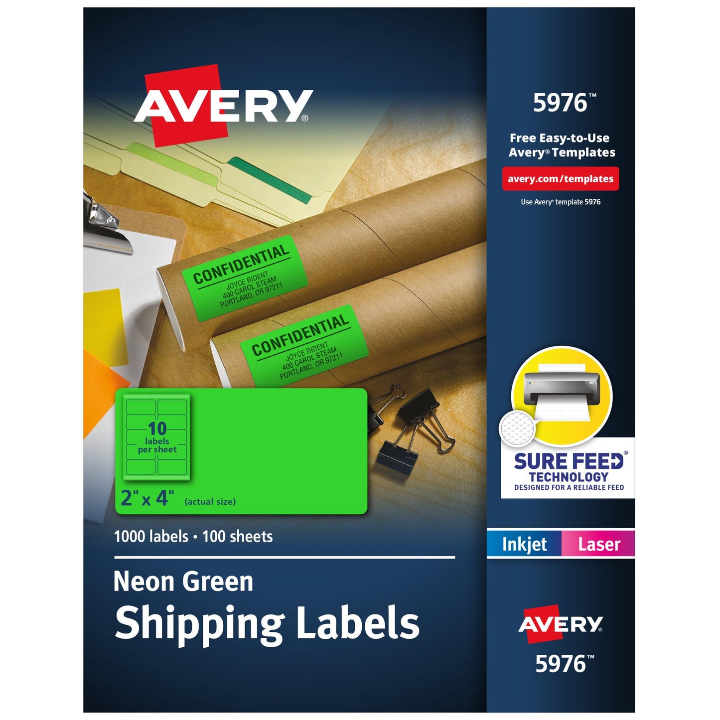 Avery Printable Shipping Labels with Sure Feed, 2" x 4", Neon Green, Laser & Inkjet Compatible, 1,000 Blank Labels Total, Great for Branding, Mailing, Organizing, and More (5976)