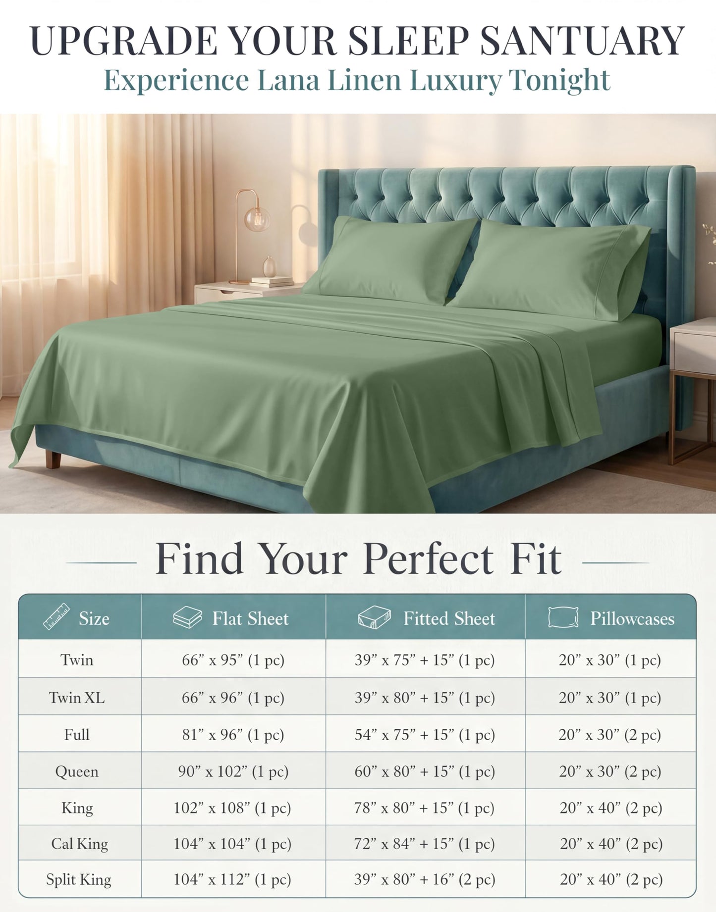 LANE LINEN Queen Sheet Sets – Natural 100% Cotton 450 Thread Count Premium Sheets, Soft Comfort for Restful Sleep, Easy Care & Machine Washable for Everyday Use, 15" Deep Pocket – Iceberg Green
