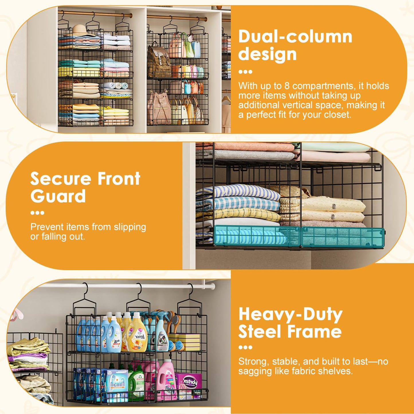 Hanging Closet Organizer with DIY Spacing, Double-Row Closet Hanging Shelves with 4 Adjustable Dividers & 6 Hooks, Heavy Duty Metal Closet Storage Organizer with Front Guard, Split into 2 Units