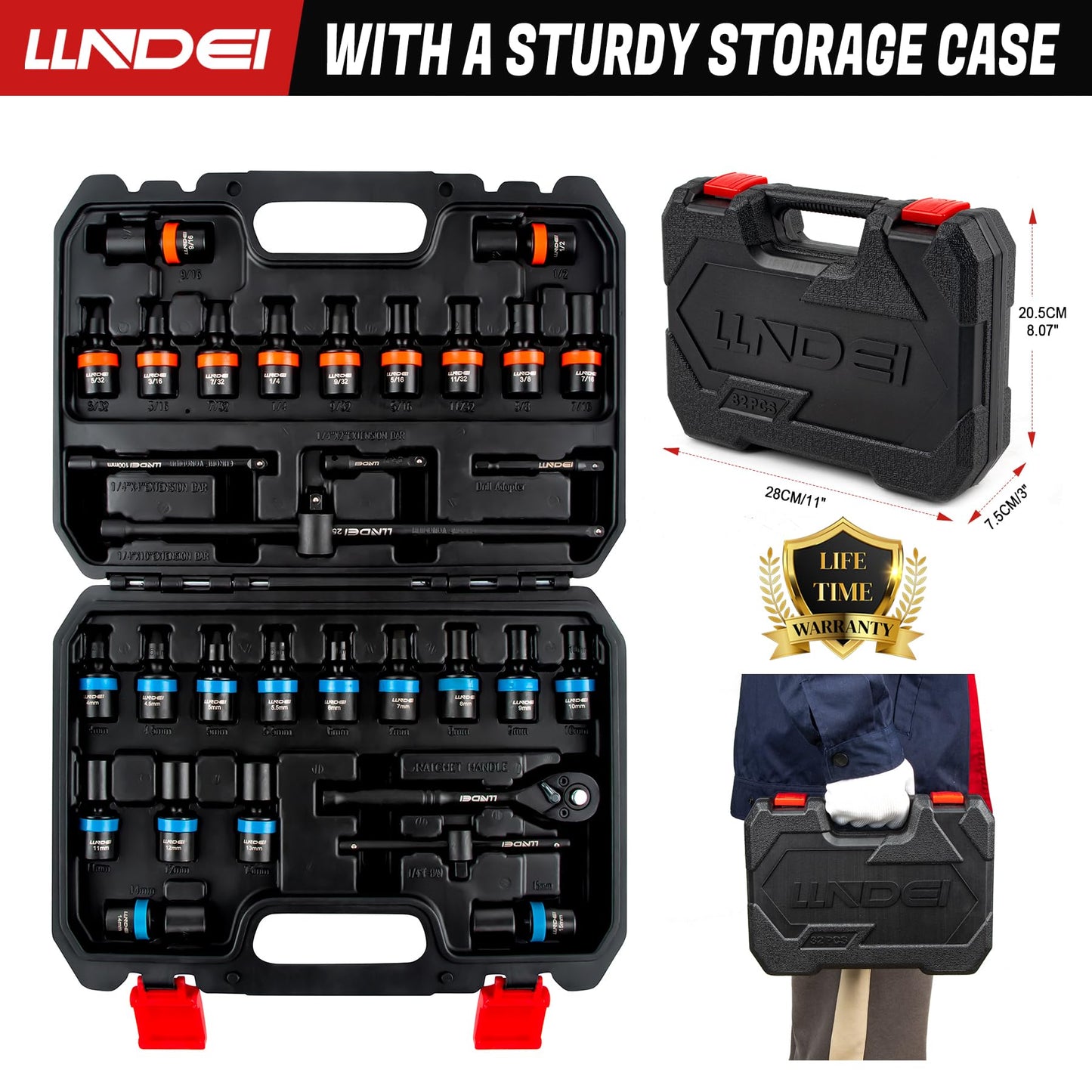 LLNDEI 1/4-Inch Drive Swivel Socket Set, 32 Pieces Standard SAE(5/32 to 9/16") Metric Size(4-15mm) CR-MO Wobble Sockets, 6 Point with Ratchet Wrench Handle, Extension Bars and Adapter