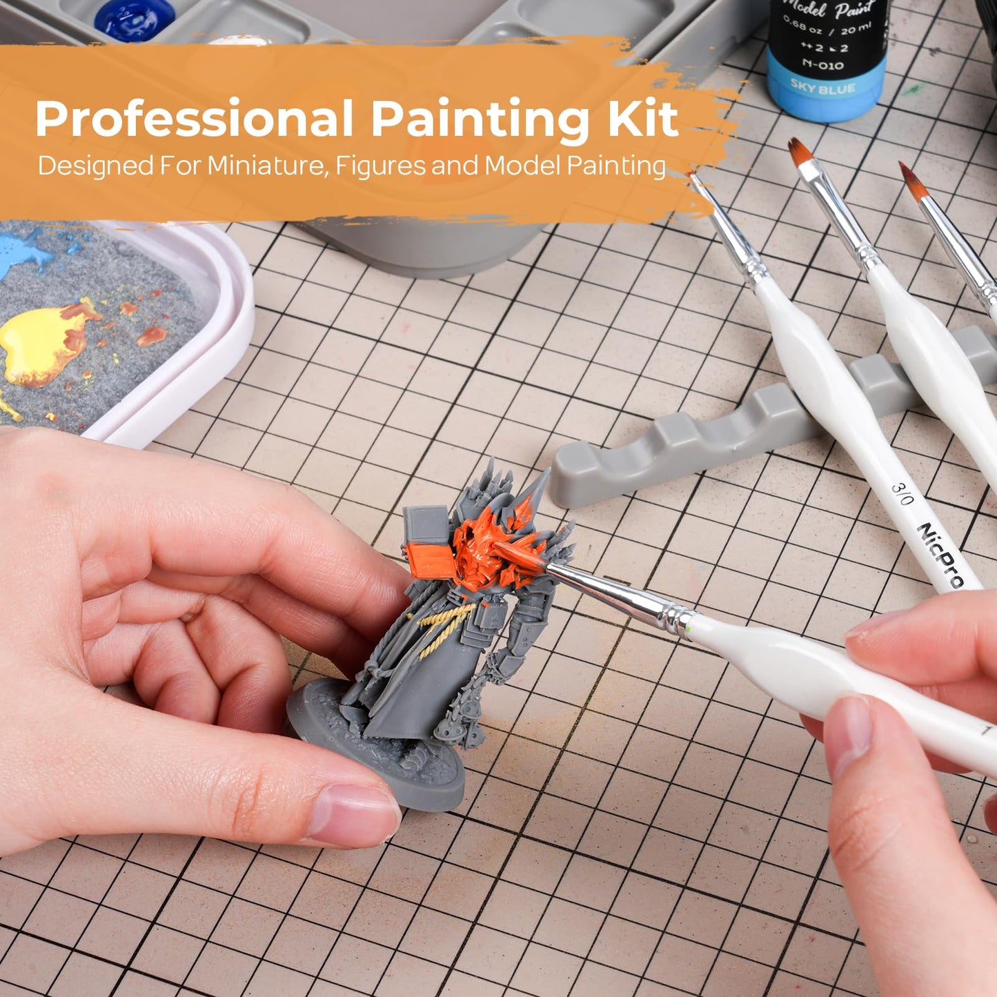 Nicpro Miniature Painting Kit with Wet Palette & 11PCS Detail Paint Brushes Drybrush, 100PCS Wet Pallet Paper, 4PCS Sponge, Brush Holder Mixing Paint Saver Palette for Miniature Model Painting