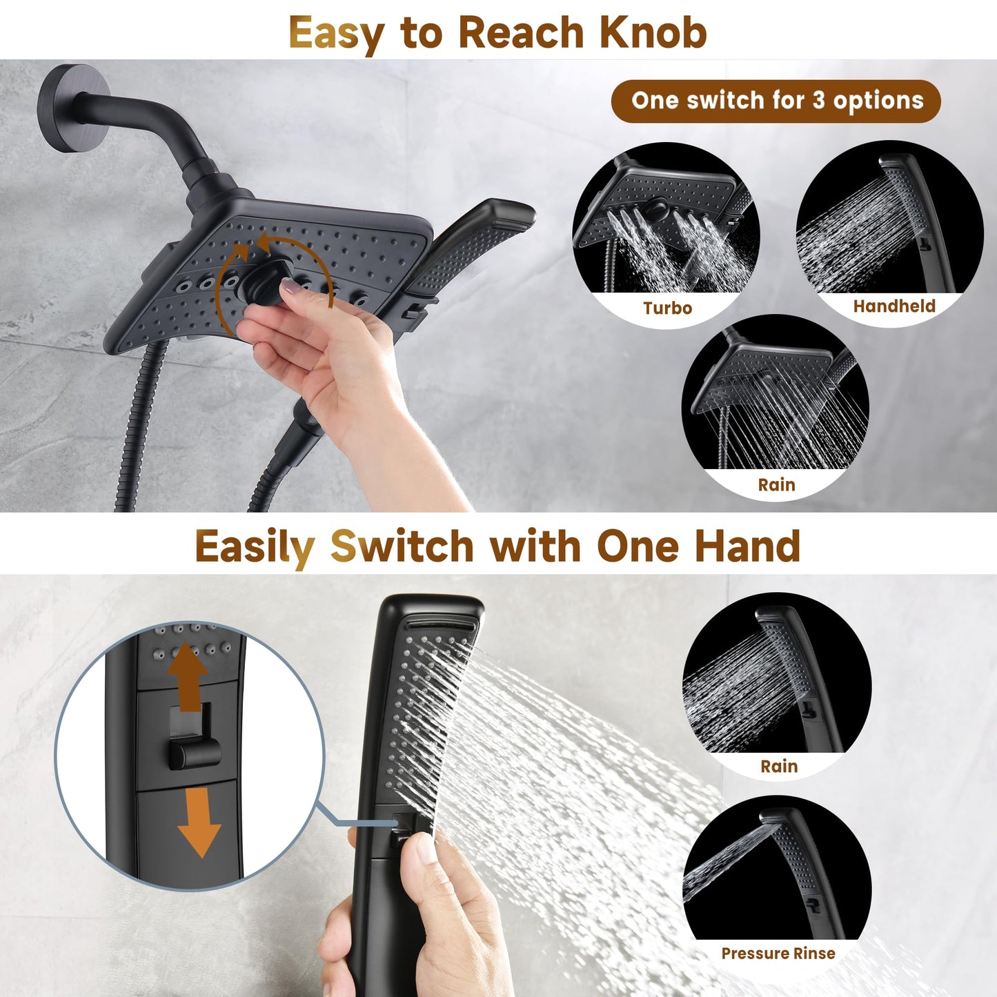 BRIGHT SHOWERS High Pressure Dual Shower Head Combo with Rainfall & Handheld, 4 Spray Settings, Tool-Free Installation, 60" Stainless Steel Hose, Matte Black