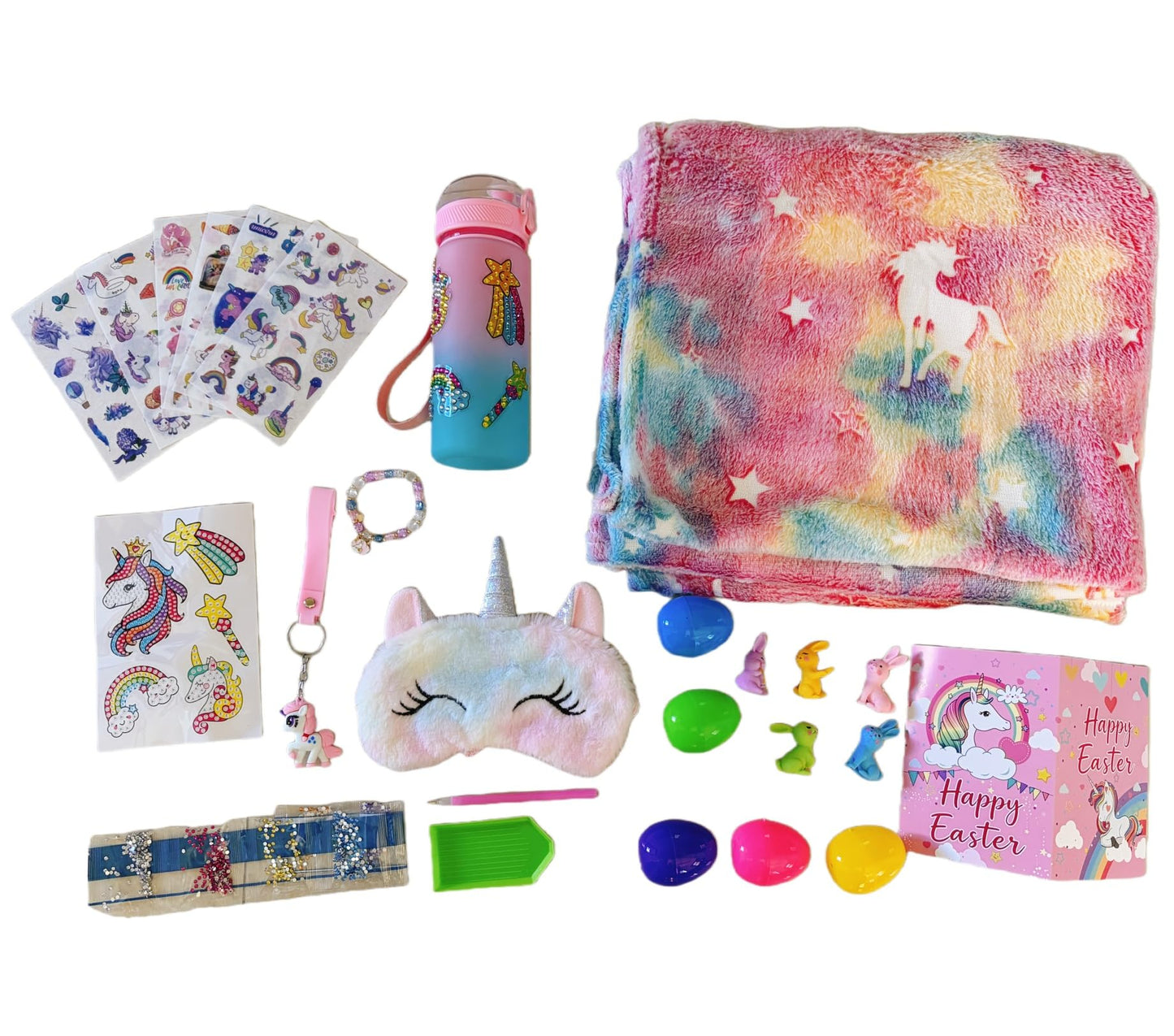 Runeaoys Easter Basket Essentials Stuffers for Girls Unicorn Toys Valentine Birthday Gifts with Prefilled Easter Eggs Stickers Glow in The Dark Blanket Bracelet Diamond Art Water Bottle Card Eye Mask