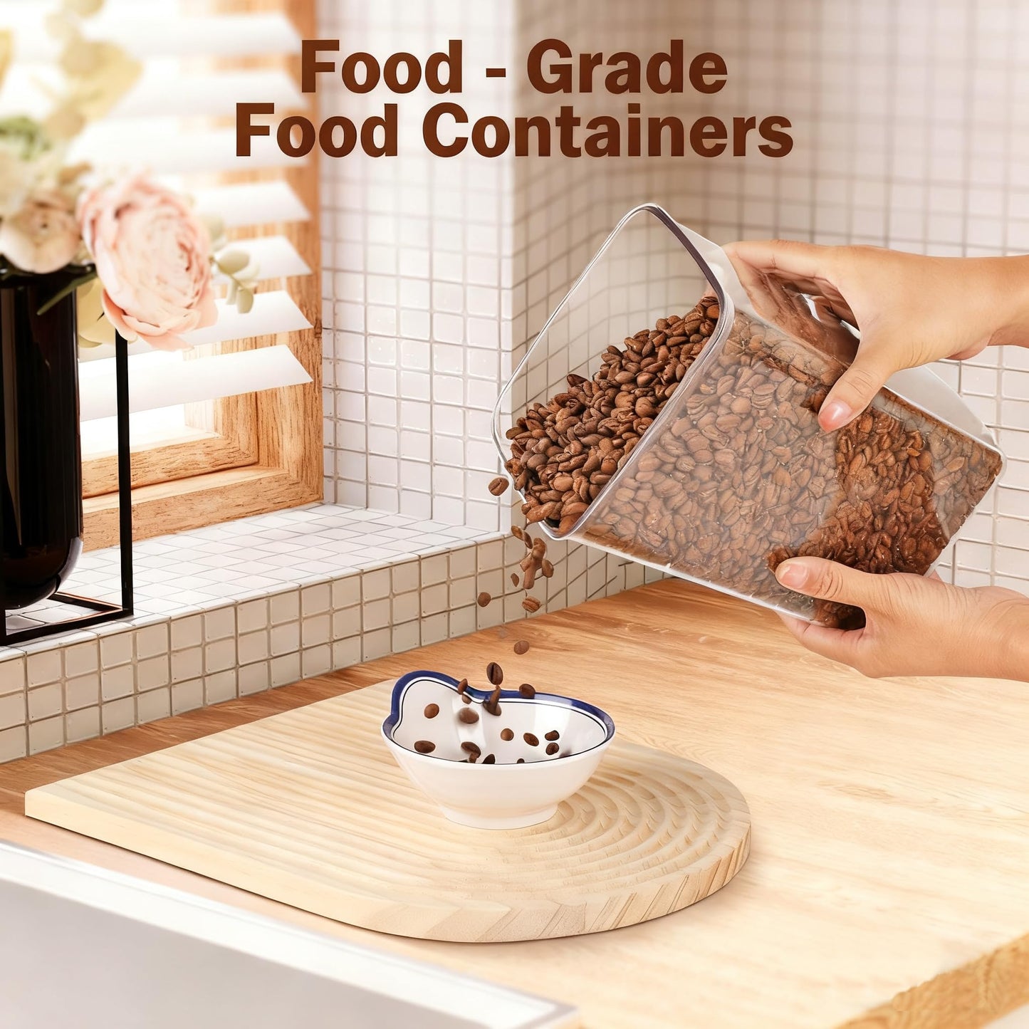 Hontent Large Pop Airtight Food Storage Containers Set with Lids 4.2Qt/4L Food Containers with Scoop, Kitchen Pantry Organization and Storage, BPA Free Stackable Cereal Container (4 * 4.2Qt)