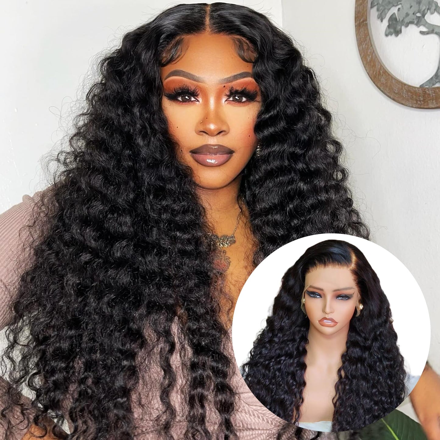 Sufeasdf Deep Wave Lace Front Wig Human Hair 13x4 HD Lace Frontal 180% Density Glueless Wigs Pre Plucked with Baby Hair HD Transparent Deep Curly Lace Frontal Wigs for Women (24Inch)
