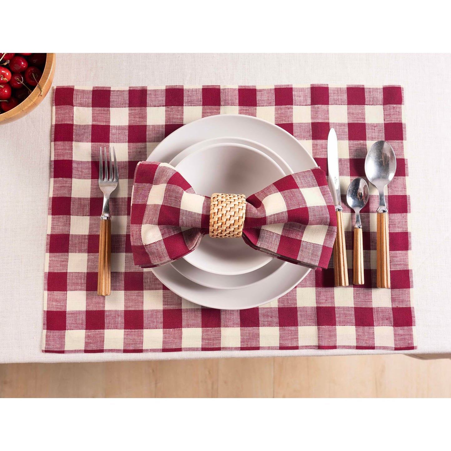 Solino Home Linen Napkins Set of 4-100% Pure Linen Beet and Cream Dinner Napkins 20 x 20 Inch for Summer, 4th of July - Morgan Check