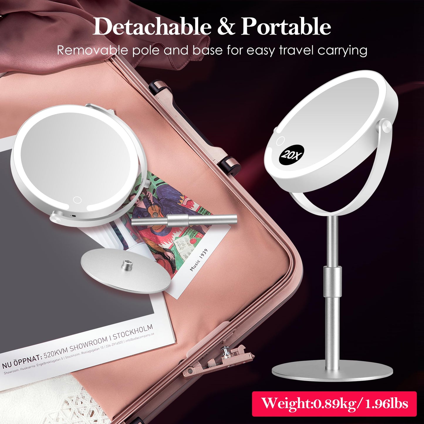 PEDOMIROR Magnifying Mirror with Light, Lighted Make Up Mirror 20x, Rechargeable 2000mAh Led Makeup Mirror, Height & Brightness Adjustable Desk Makeup Mirror, 360°Rotation & Touch Screen (Silvery)