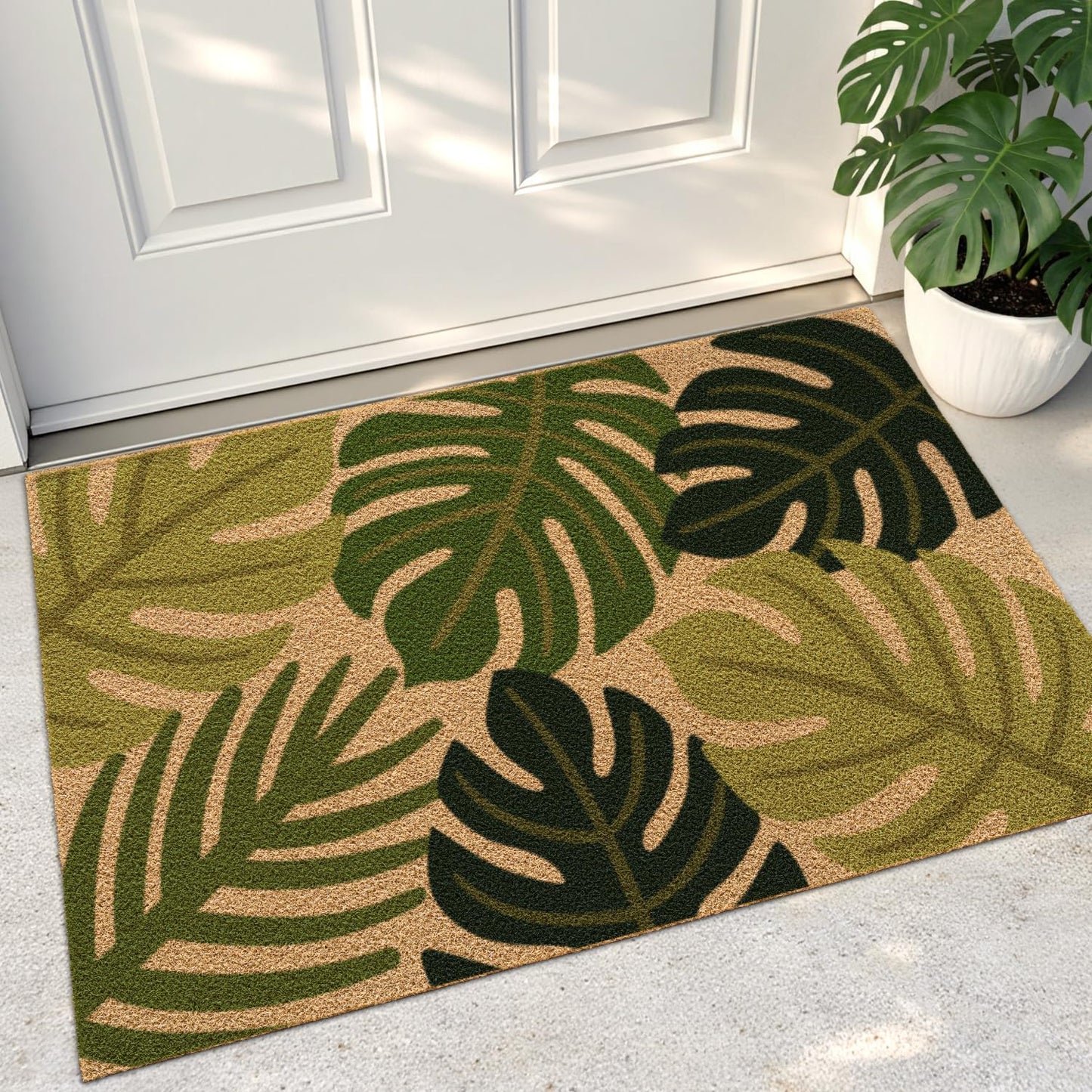 DEXI Front Door Mat Outside Entrance Coir, 2x3 Heavy Duty Entry Summer Tropical Plant Doormat, Non Slip Entryway Floor Dirt Trapper for Porch Patio, Green Monstera Leaves