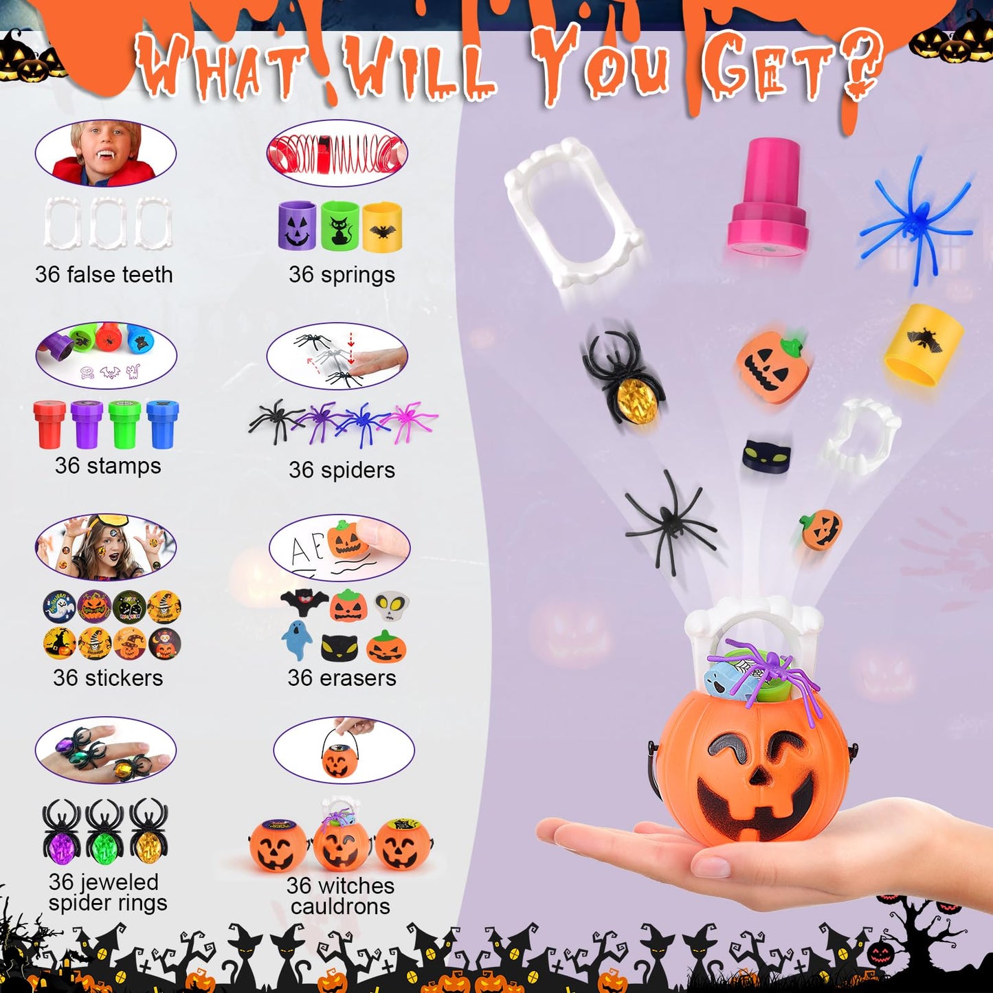 Tiaxidex 288PCS Halloween Party Favors - Prefilled Mini Plastic Pumpkin Cauldrons with Halloween Toys & Goodies | Kids & Adults Trick or Treat Gifts for Classroom, Home & Carnival