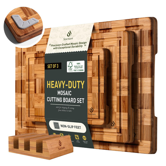 3 Pack Heavy Duty Bamboo Cutting Board Set Non Toxic Wooden Cutting Board for Kitchen Non Slip Solid End Grain Thick Wood Juice Groove Chopping Board Extra Large Big Small Best House Warming Gift