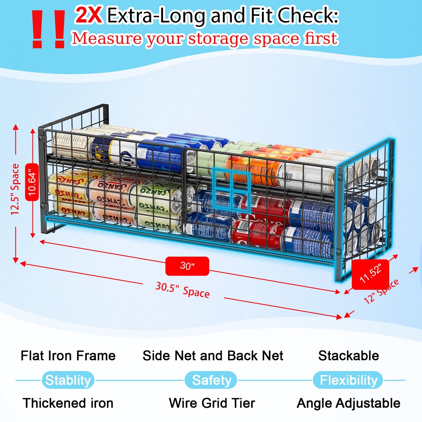 2-Pack Stackable Can Organizer for Pantry Shelf, Adjustable Extra-Long Rolling Can Rack for Kitchen Cupboard Storage, Sturdy Standing Can Holder for Canned Food Goods Soda up to 100, 2 Tier, Black